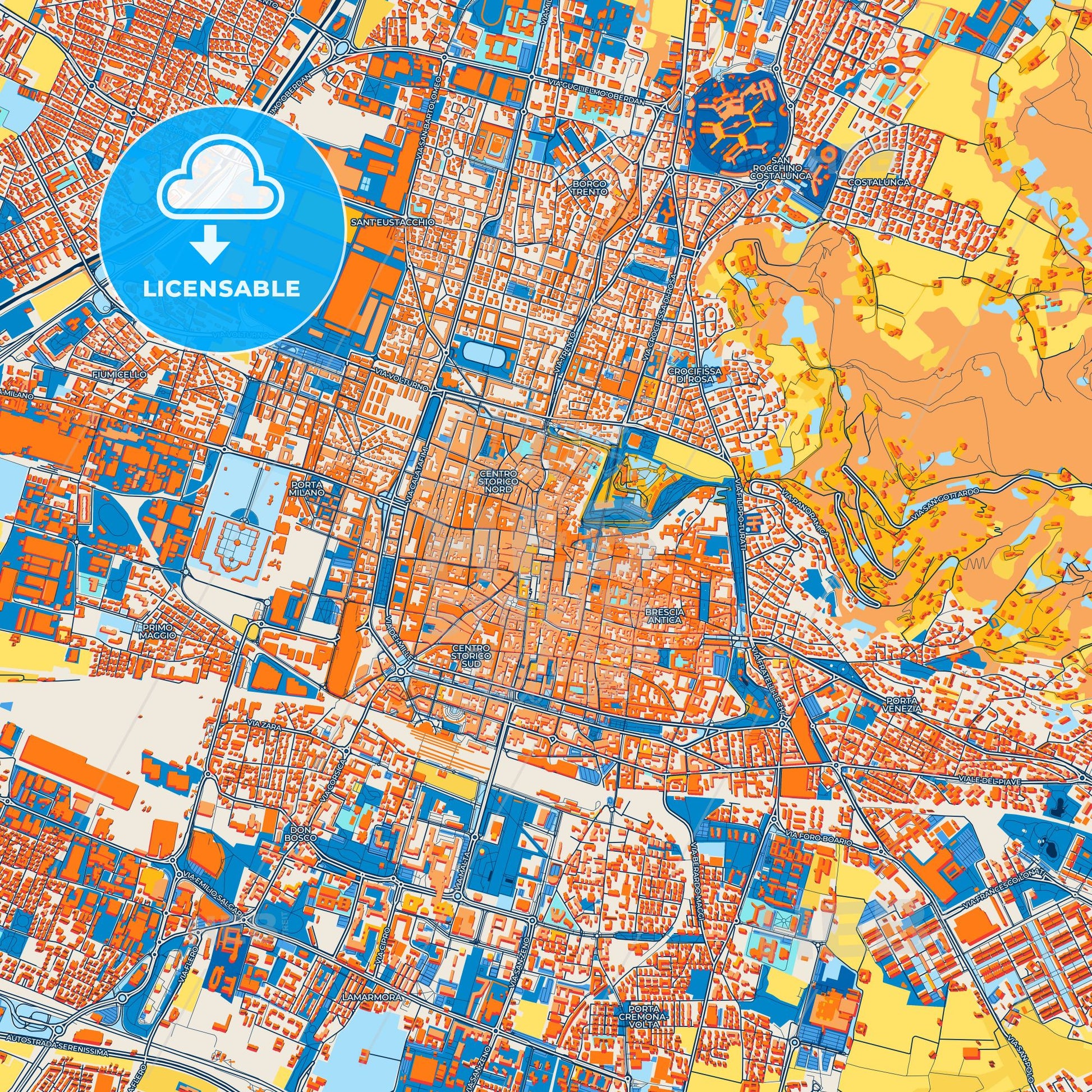 Colorful Brescia Street Map with Labels and Buildings