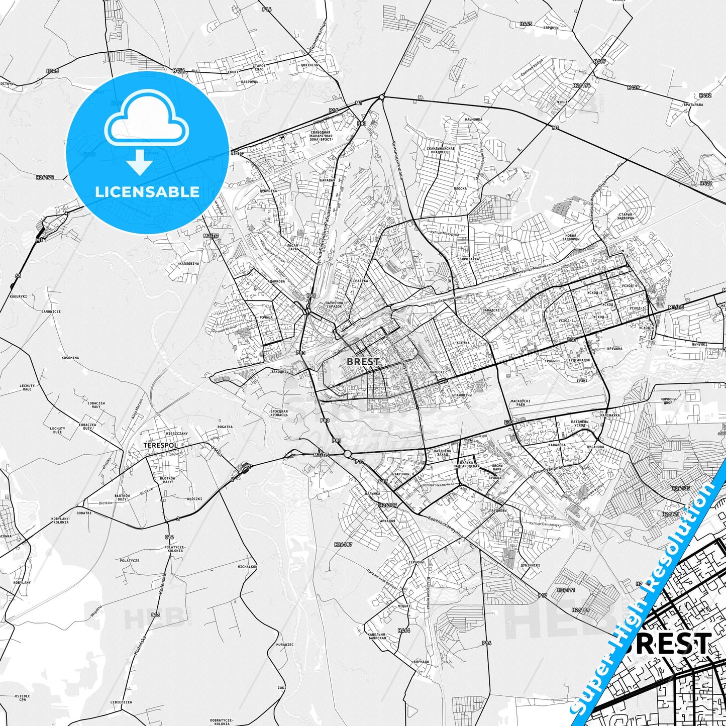 Brest, Belarus light map with streetnames, citynames and districts