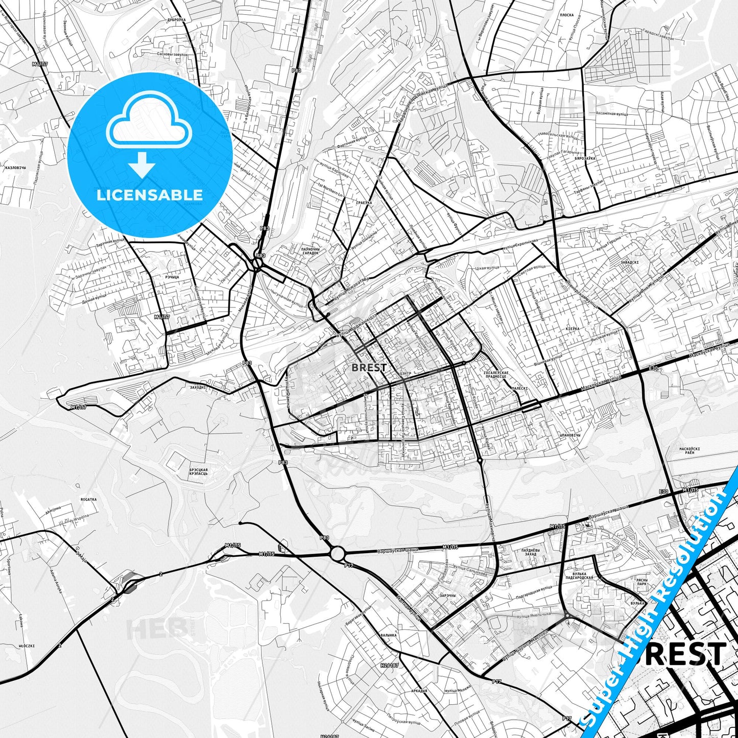 Brest, Belarus Light Map with Street Names, City Names, and Districts