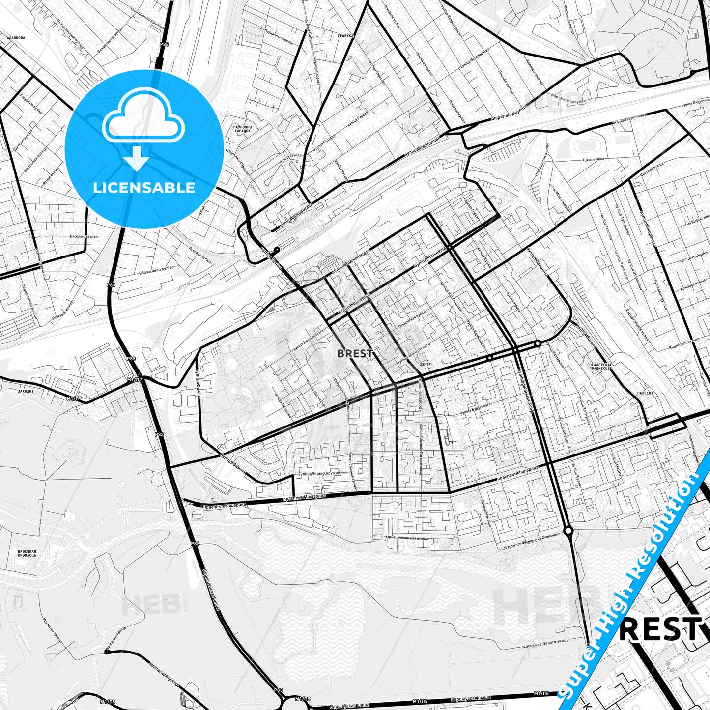 Brest, Belarus Light Map with Street Names, City Names, and Districts