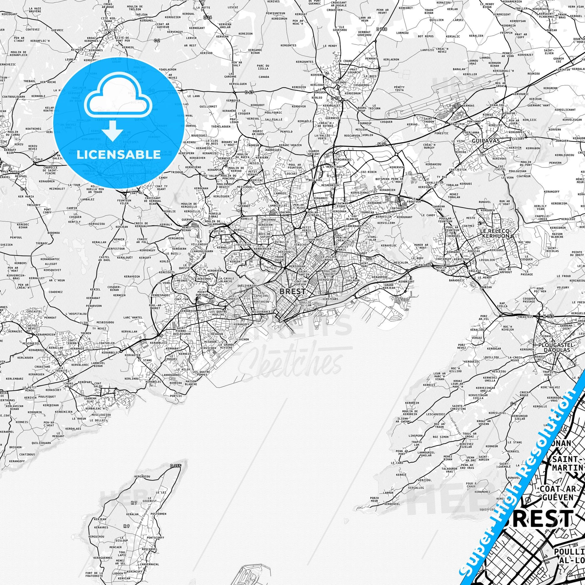 Brest, France light map with streetnames, citynames and districts