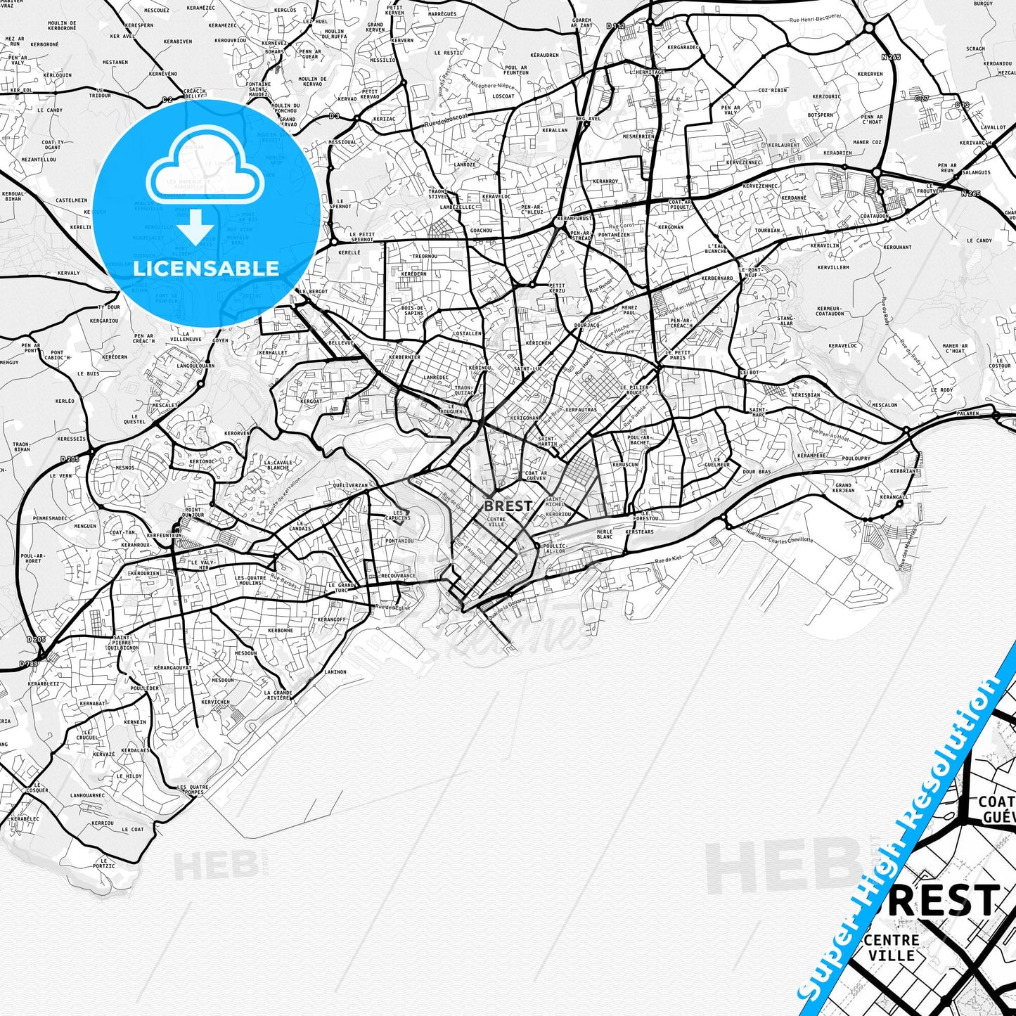 Brest, France Light Map with Street Names, City Names, and Districts