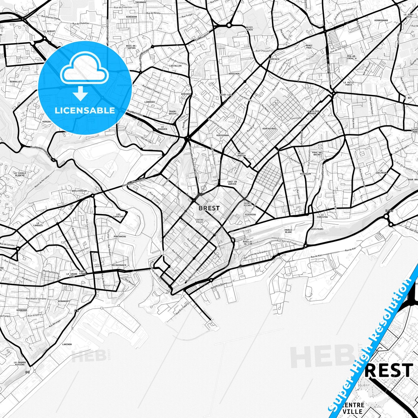 Brest, France Light Map with Street Names, City Names, and Districts