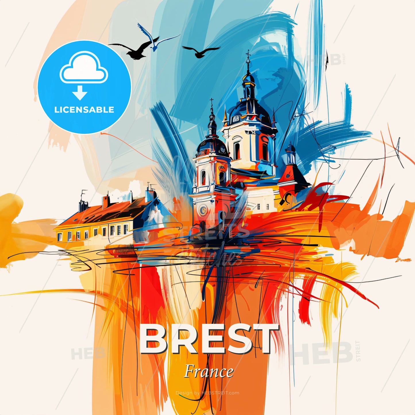 Vibrant Brest, France - A Painting Of A Building With Birds Flying In The Sky - Square format print template