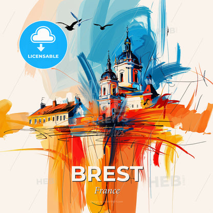 Vibrant Brest, France - A Painting Of A Building With Birds Flying In The Sky - Square format print template