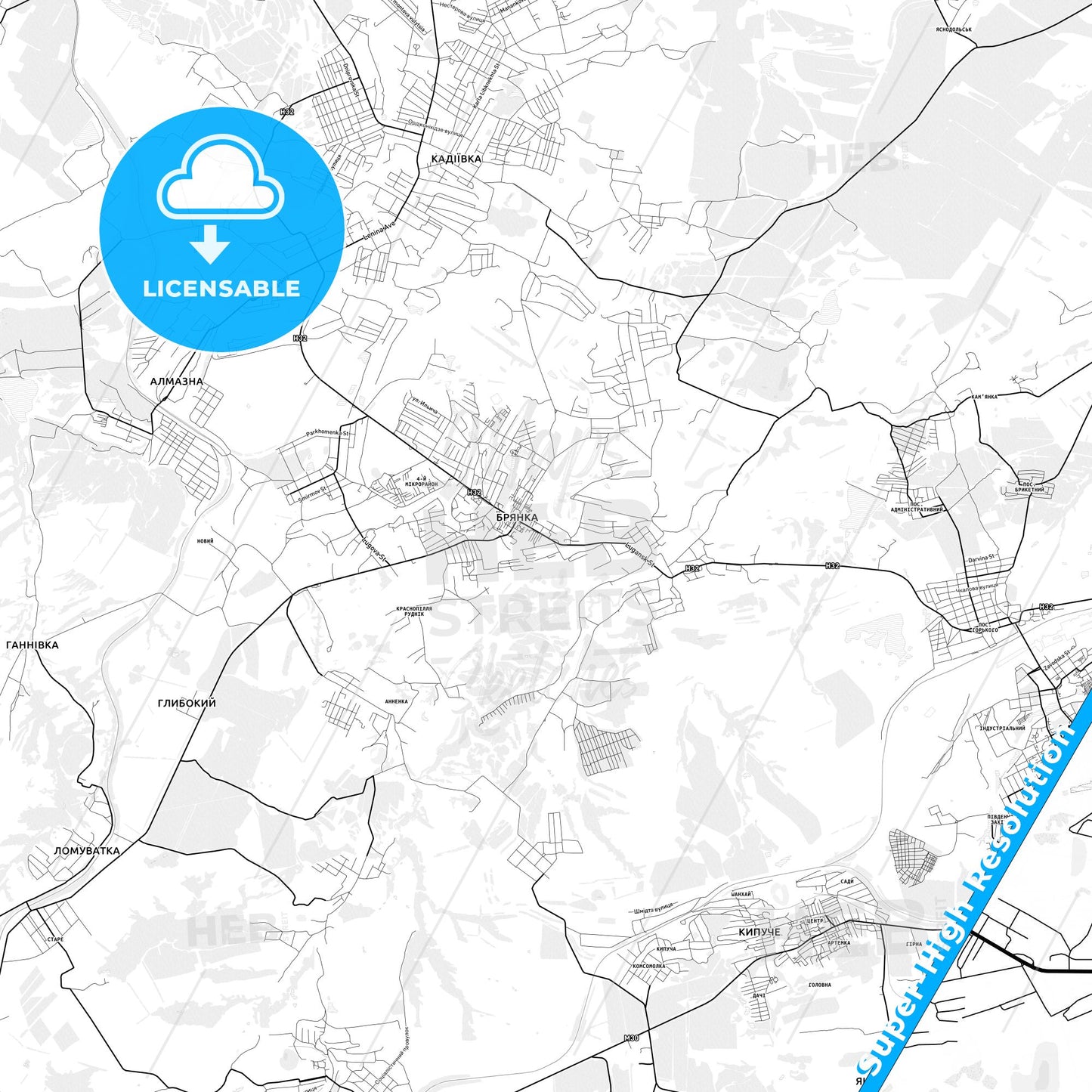 Brianka, Ukraine light map with streetnames, citynames and districts