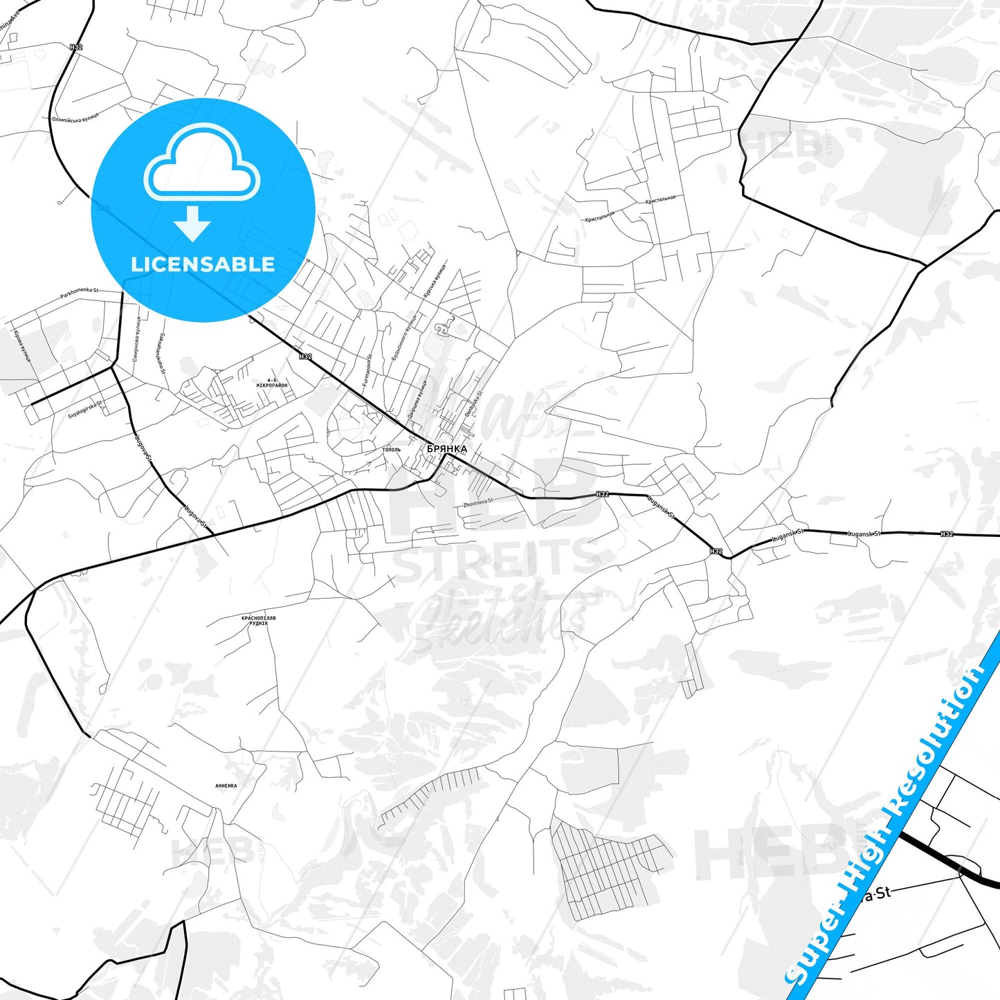 Brianka, Ukraine Light Map with Street Names, City Names, and Districts