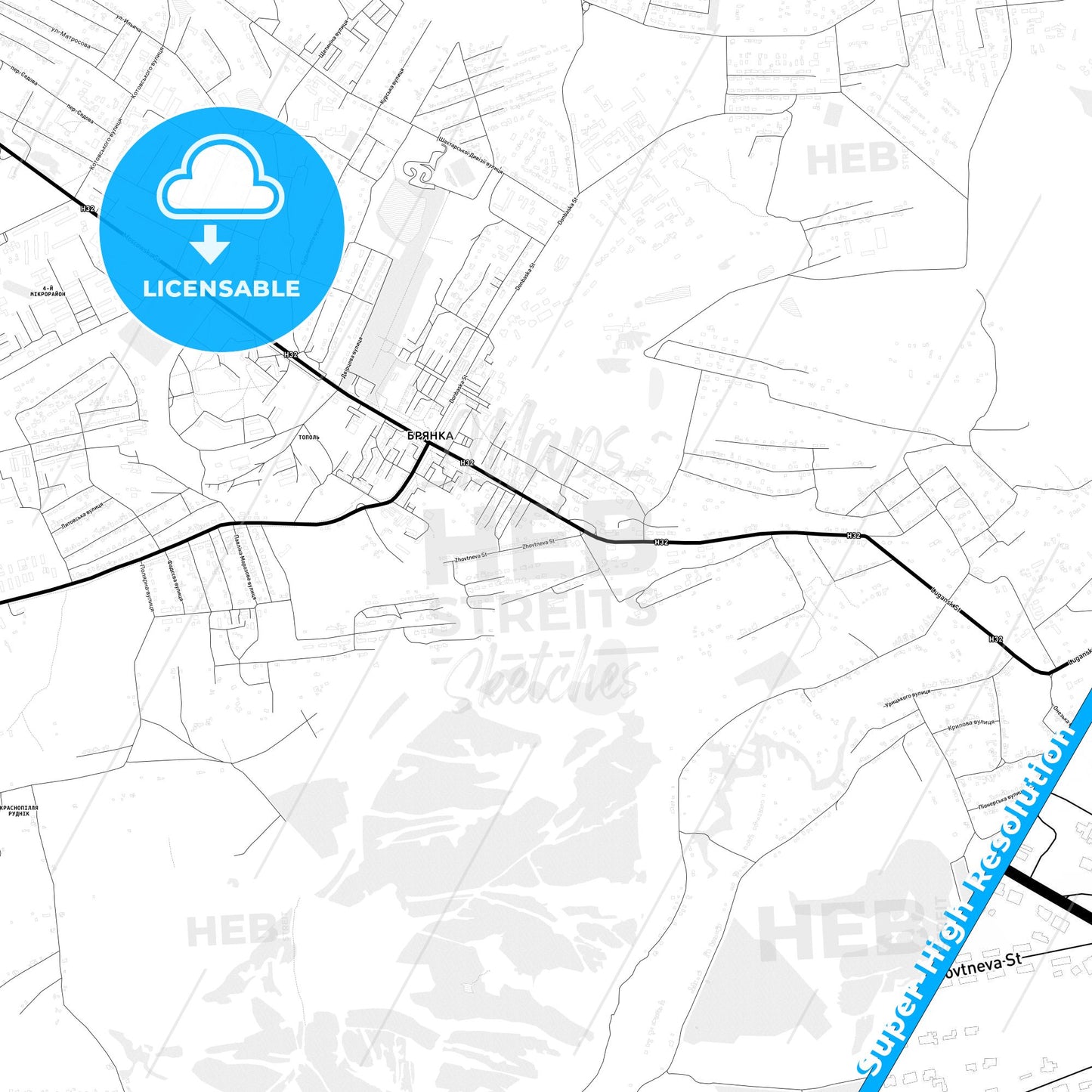Brianka, Ukraine Light Map with Street Names, City Names, and Districts