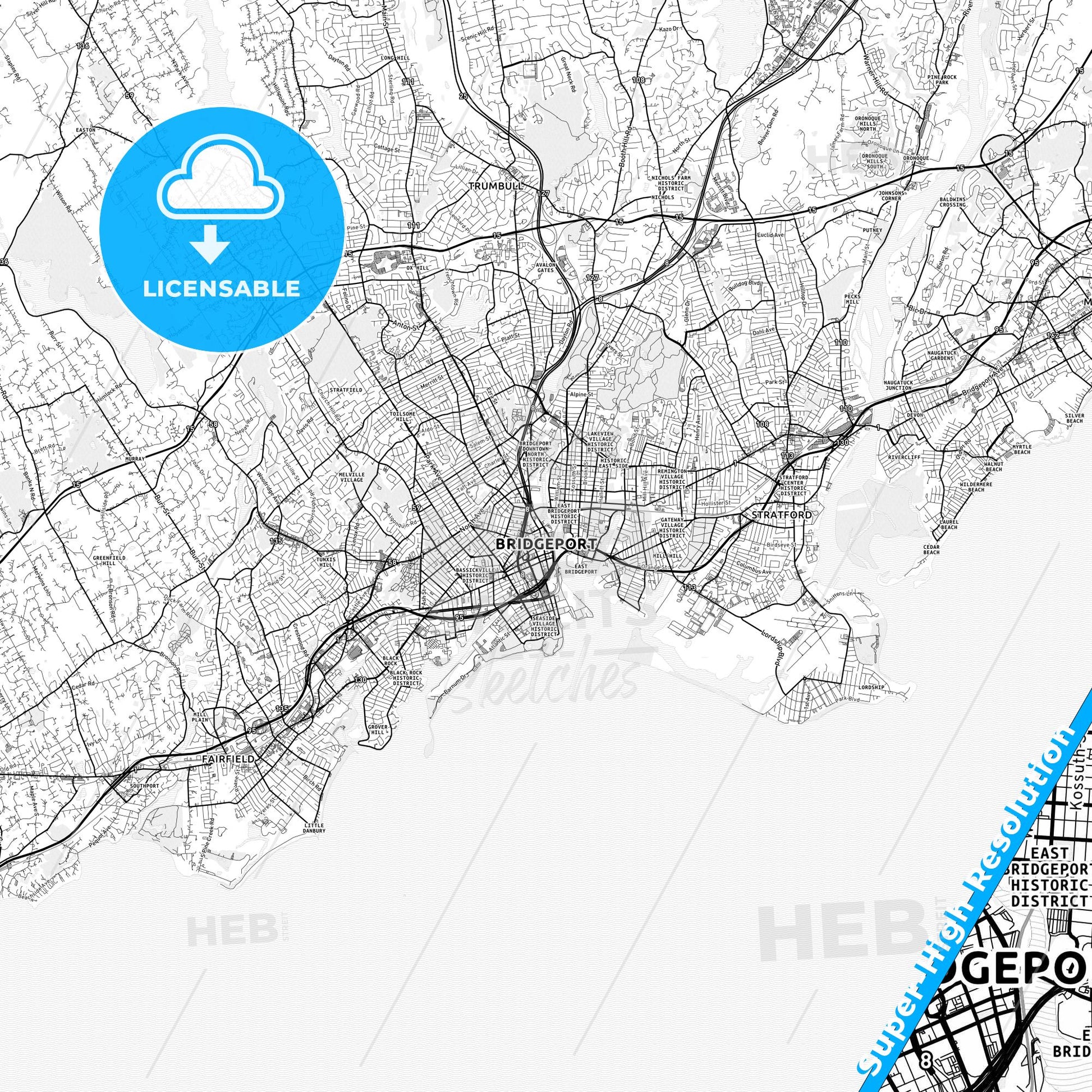 Bridgeport, Connecticut light map with streetnames, citynames and districts