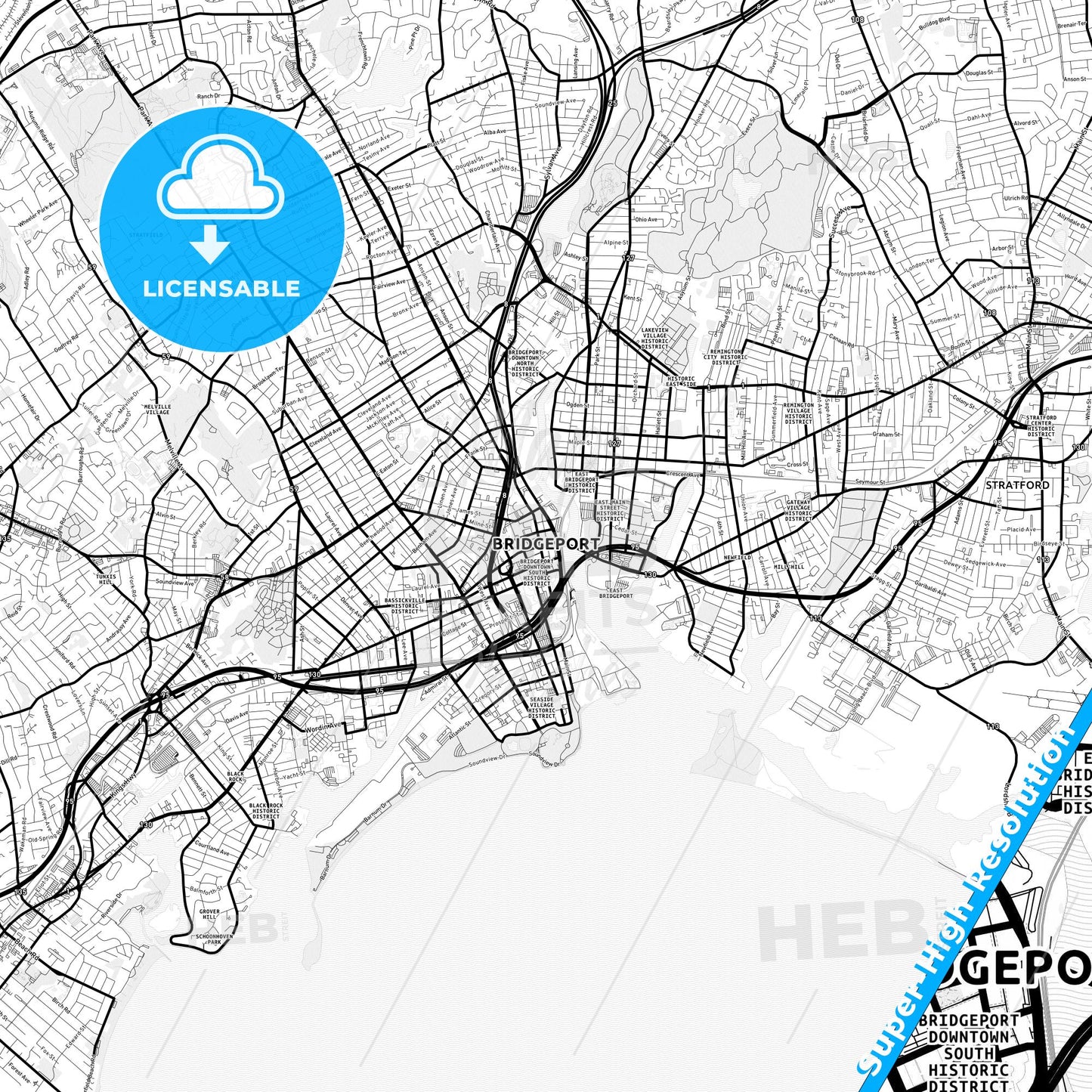 Bridgeport, Connecticut Light Map with Street Names, City Names, and Districts