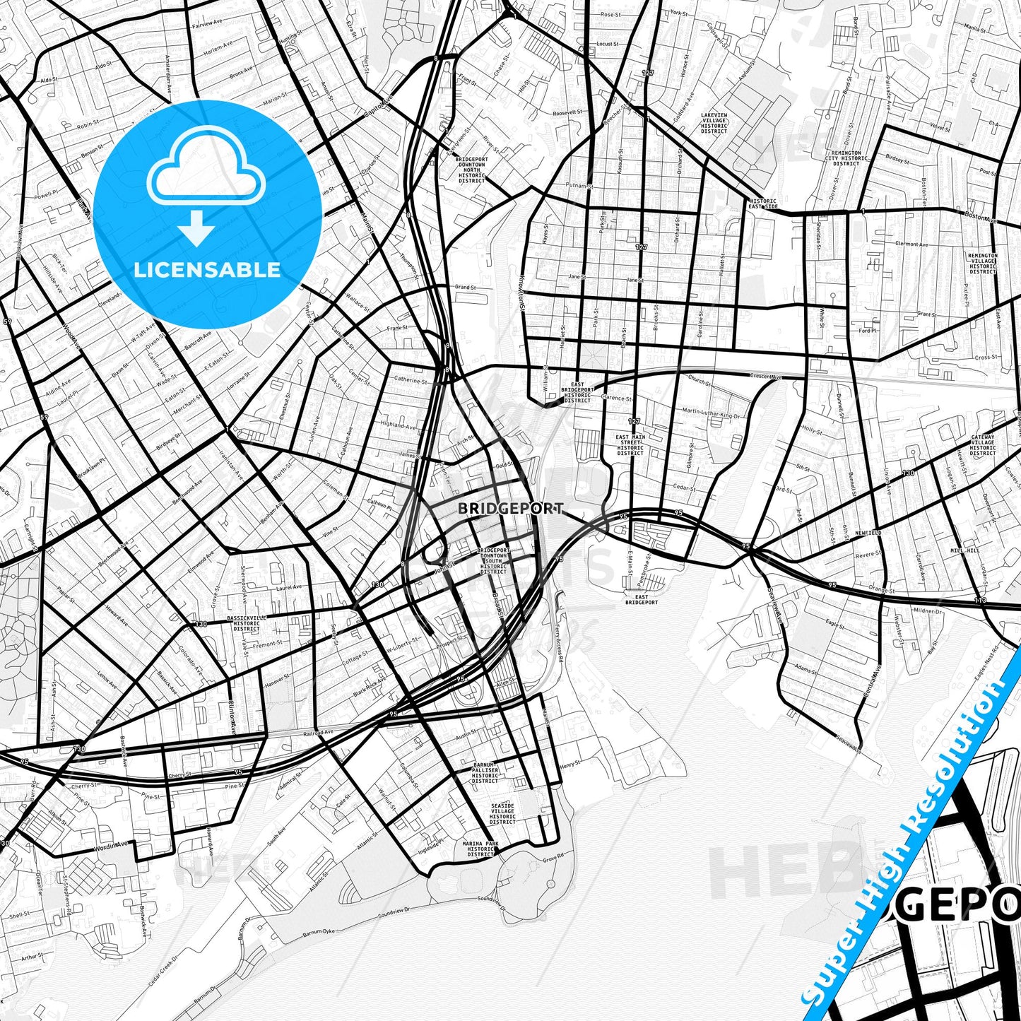 Bridgeport, Connecticut Light Map with Street Names, City Names, and Districts