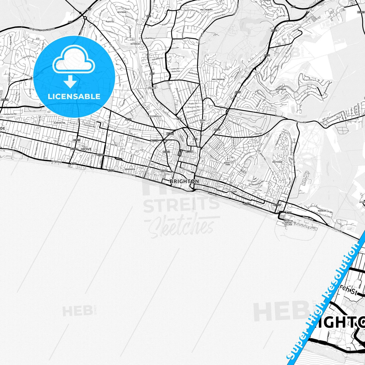 Brighton and Hove, England Light Map with Street Names, City Names, and Districts