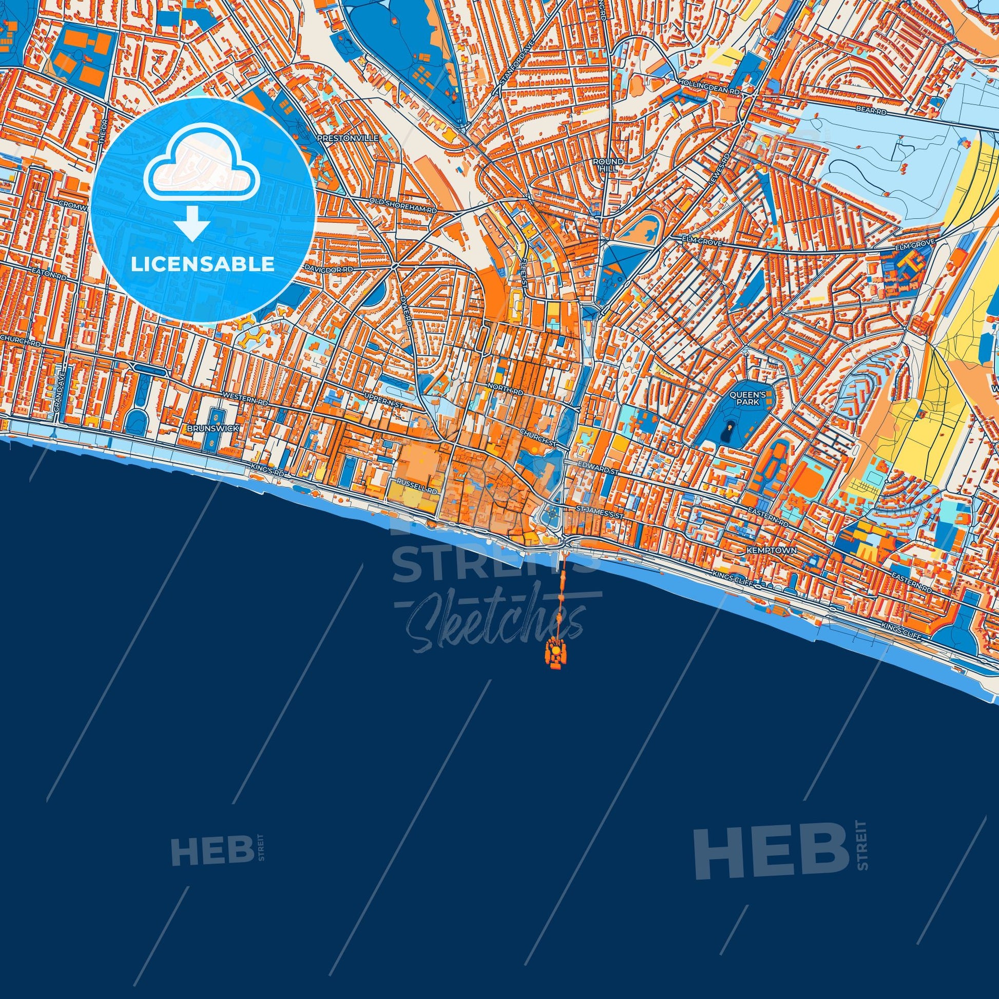 Colorful Brighton and Hove Street Map with Labels and Buildings