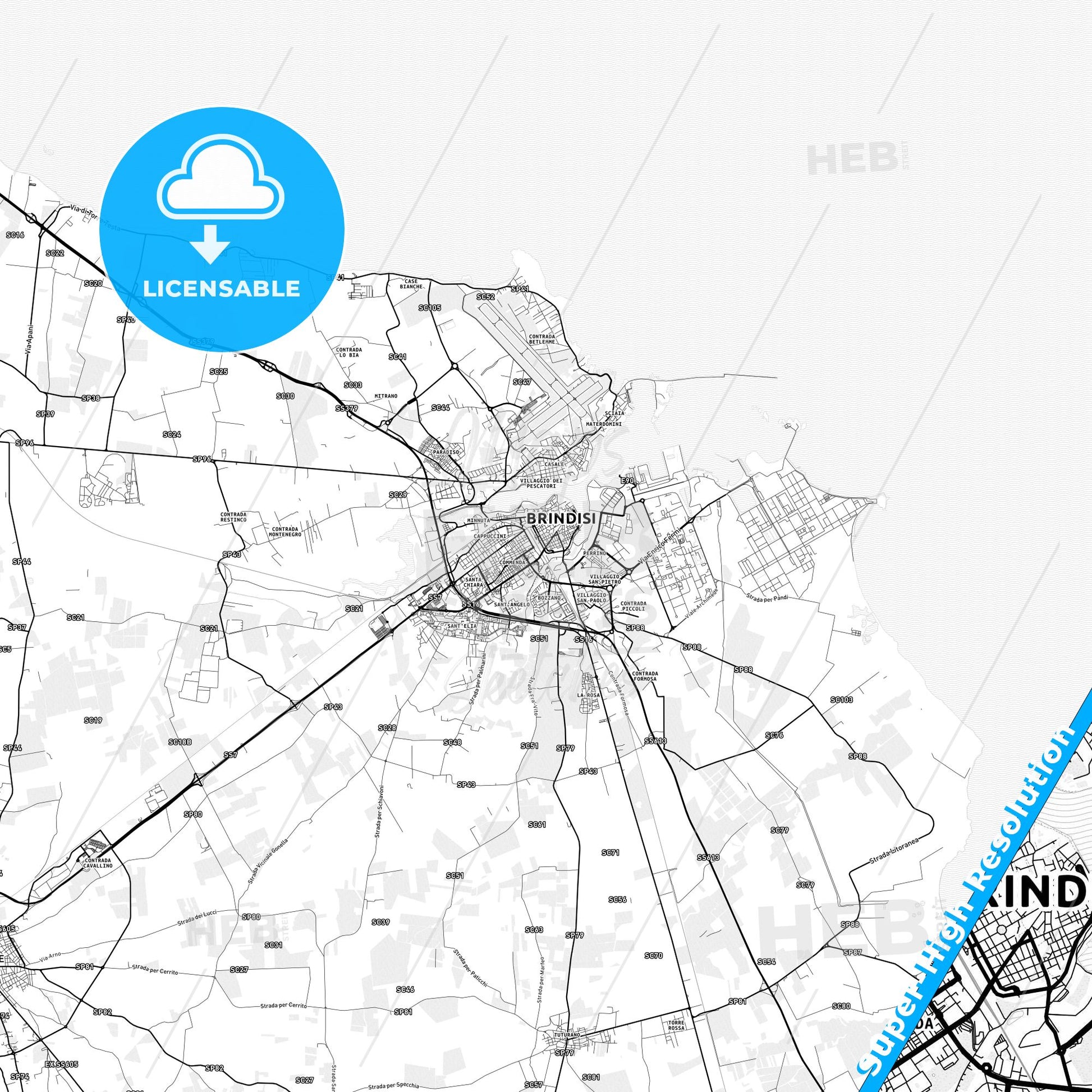 Brindisi, Italy light map with streetnames, citynames and districts