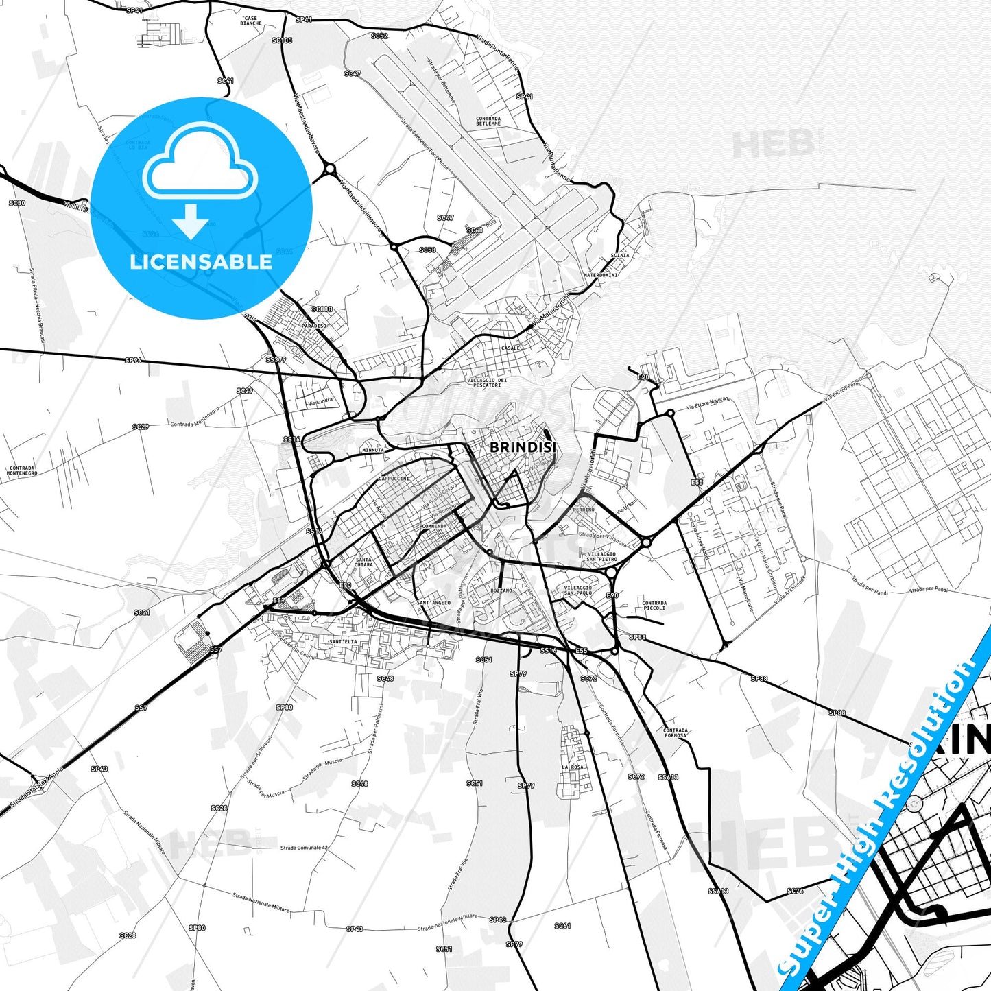 Brindisi, Italy Light Map with Street Names, City Names, and Districts
