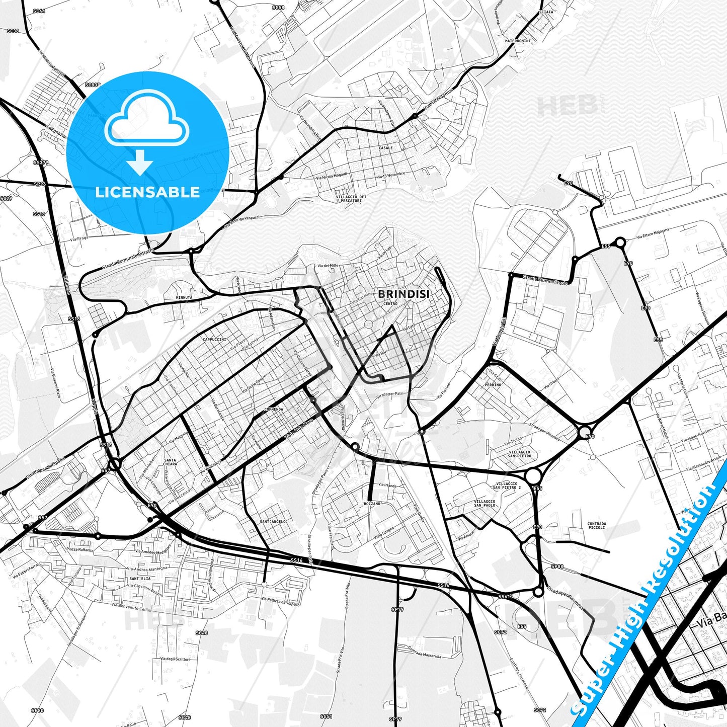 Brindisi, Italy Light Map with Street Names, City Names, and Districts