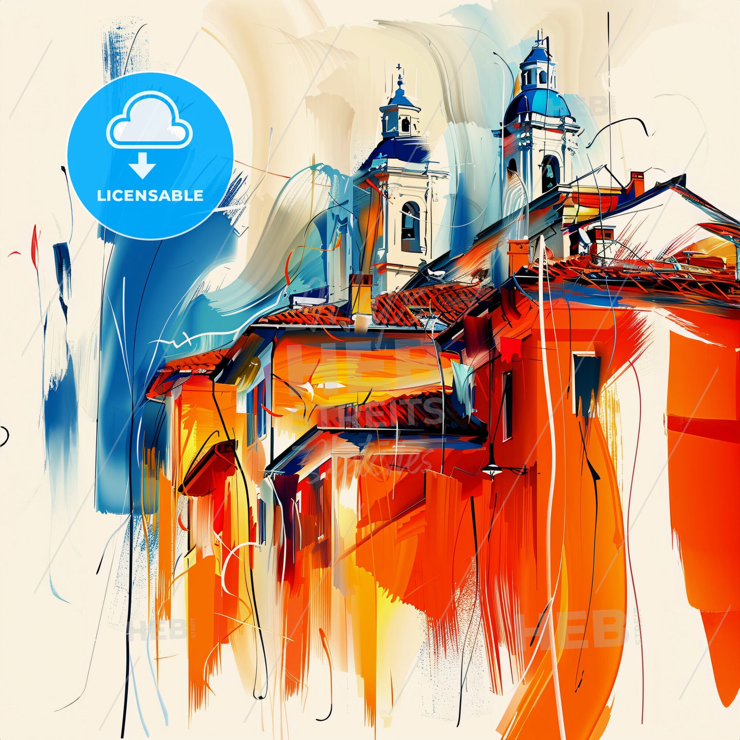 Vibrant Brindisi, Italy - A Painting Of A Building With A Steeple And A Blue And Orange Wall