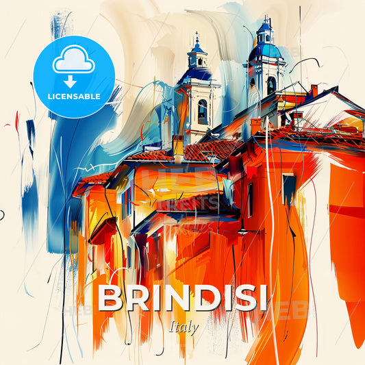 Vibrant Brindisi, Italy - A Painting Of A Building With A Steeple And A Blue And Orange Wall - Square format print template