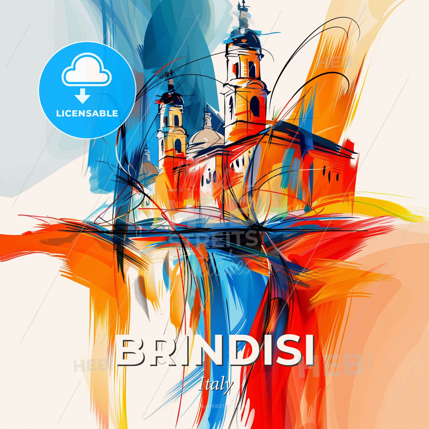 Vibrant Brindisi, Italy - A Painting Of A Building With Towers And A Blue And Red Background - Square format print template