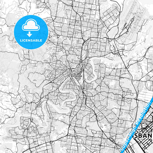 Brisbane, Australia light map with streetnames, citynames and districts
