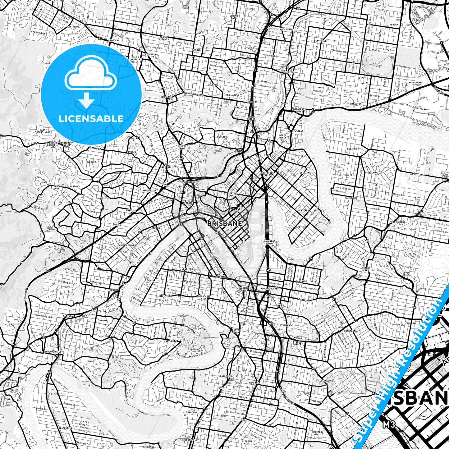 Brisbane, Australia Light Map with Street Names, City Names, and Districts
