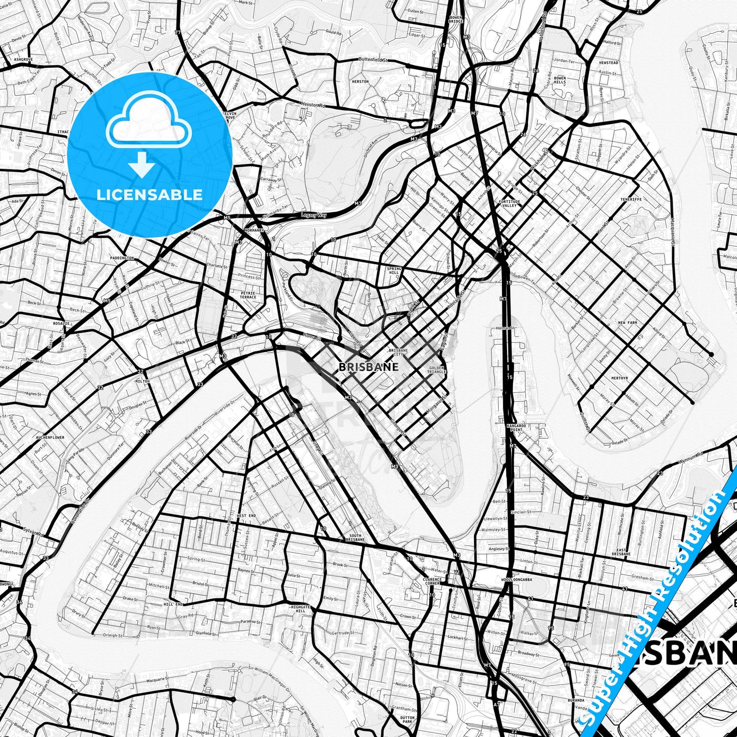 Brisbane, Australia Light Map with Street Names, City Names, and Districts