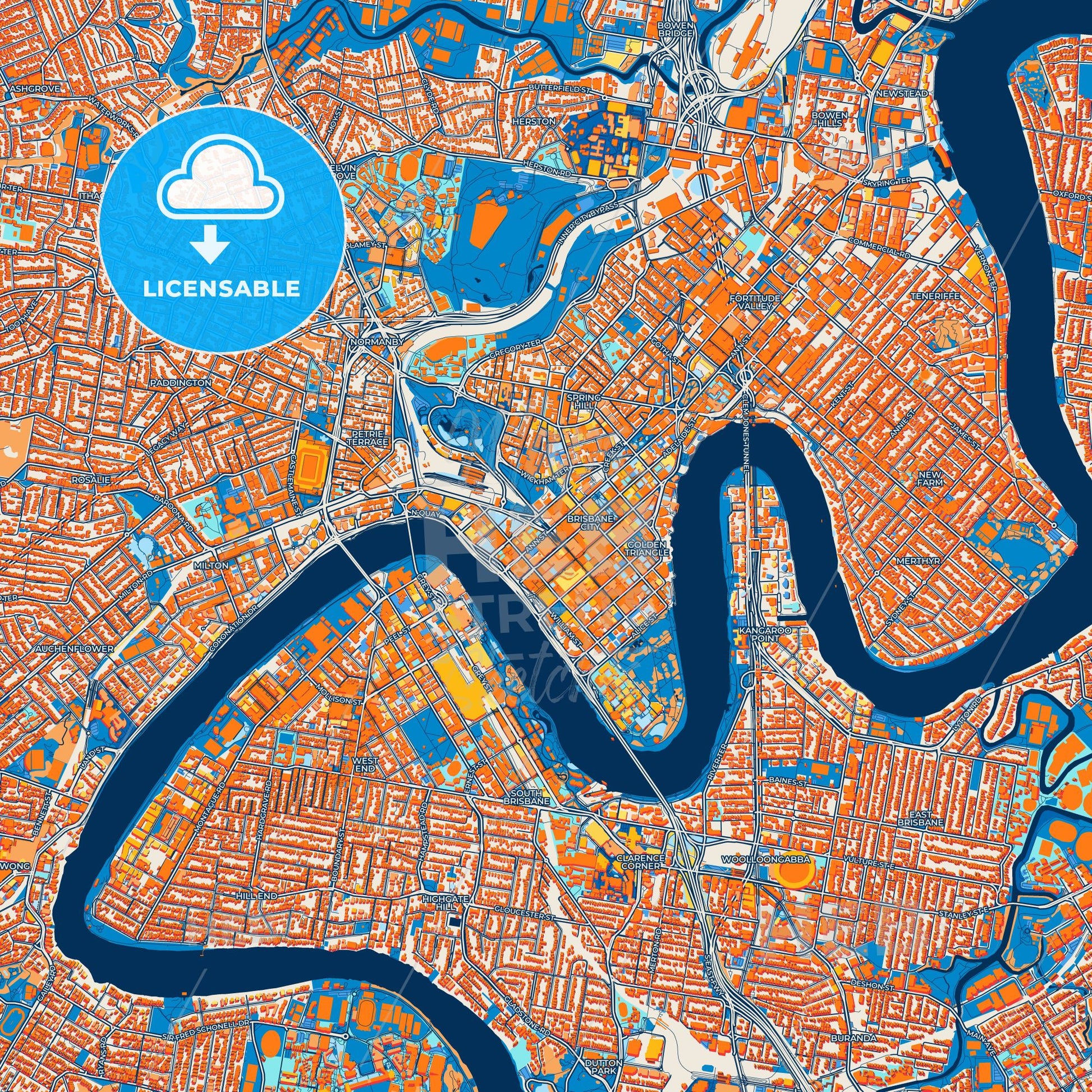 Colorful Brisbane Street Map with Labels and Buildings