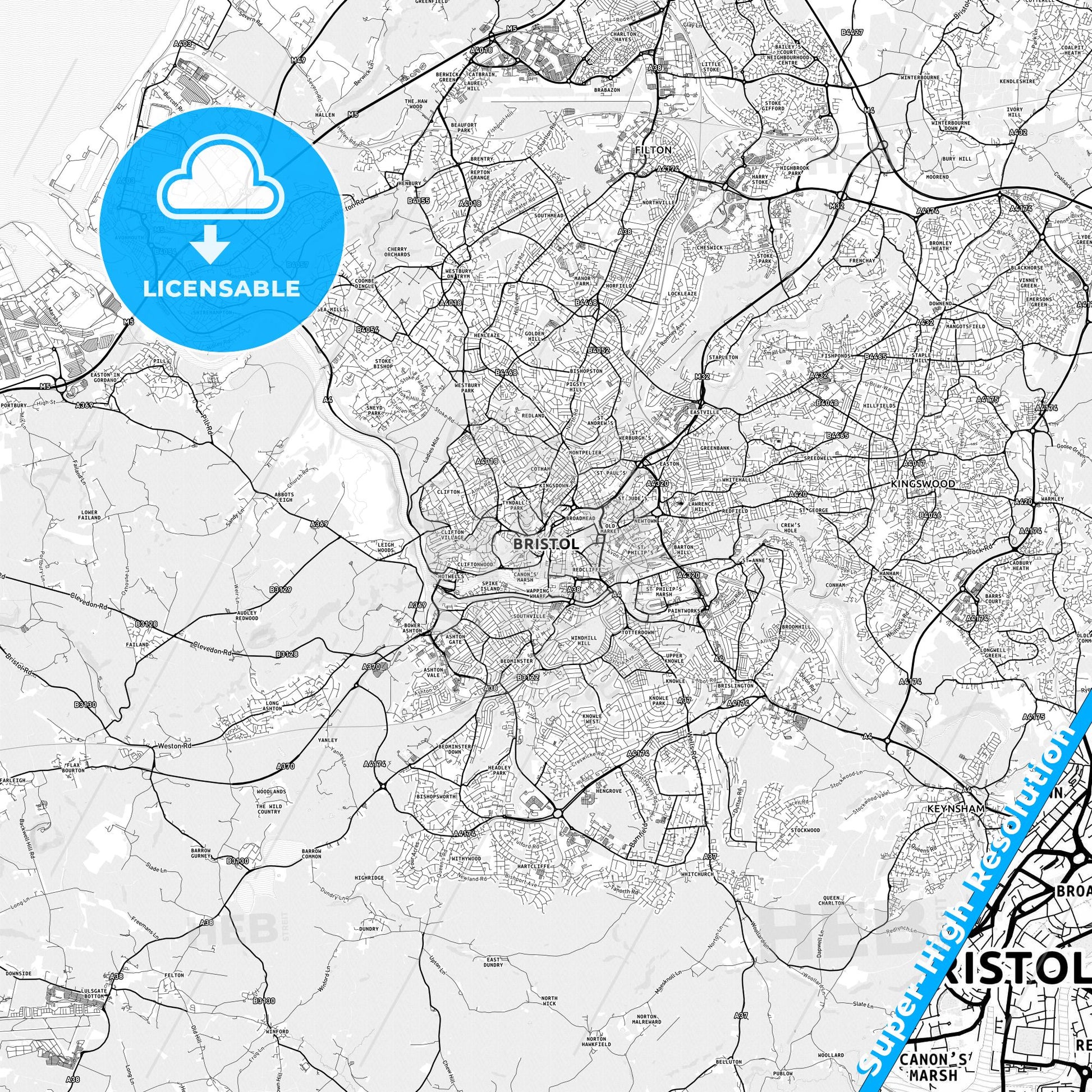 Bristol, England light map with streetnames, citynames and districts