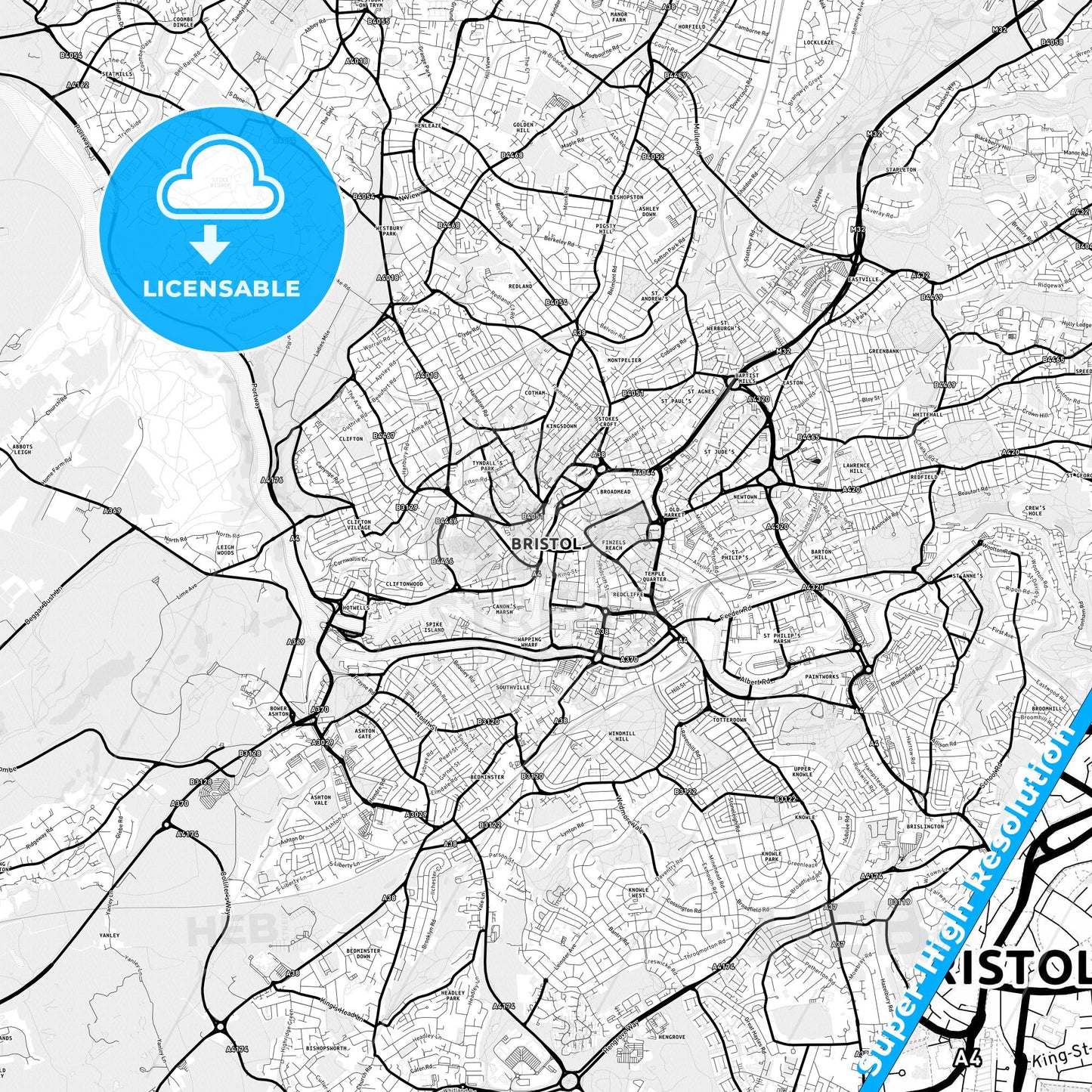 Bristol, England Light Map with Street Names, City Names, and Districts