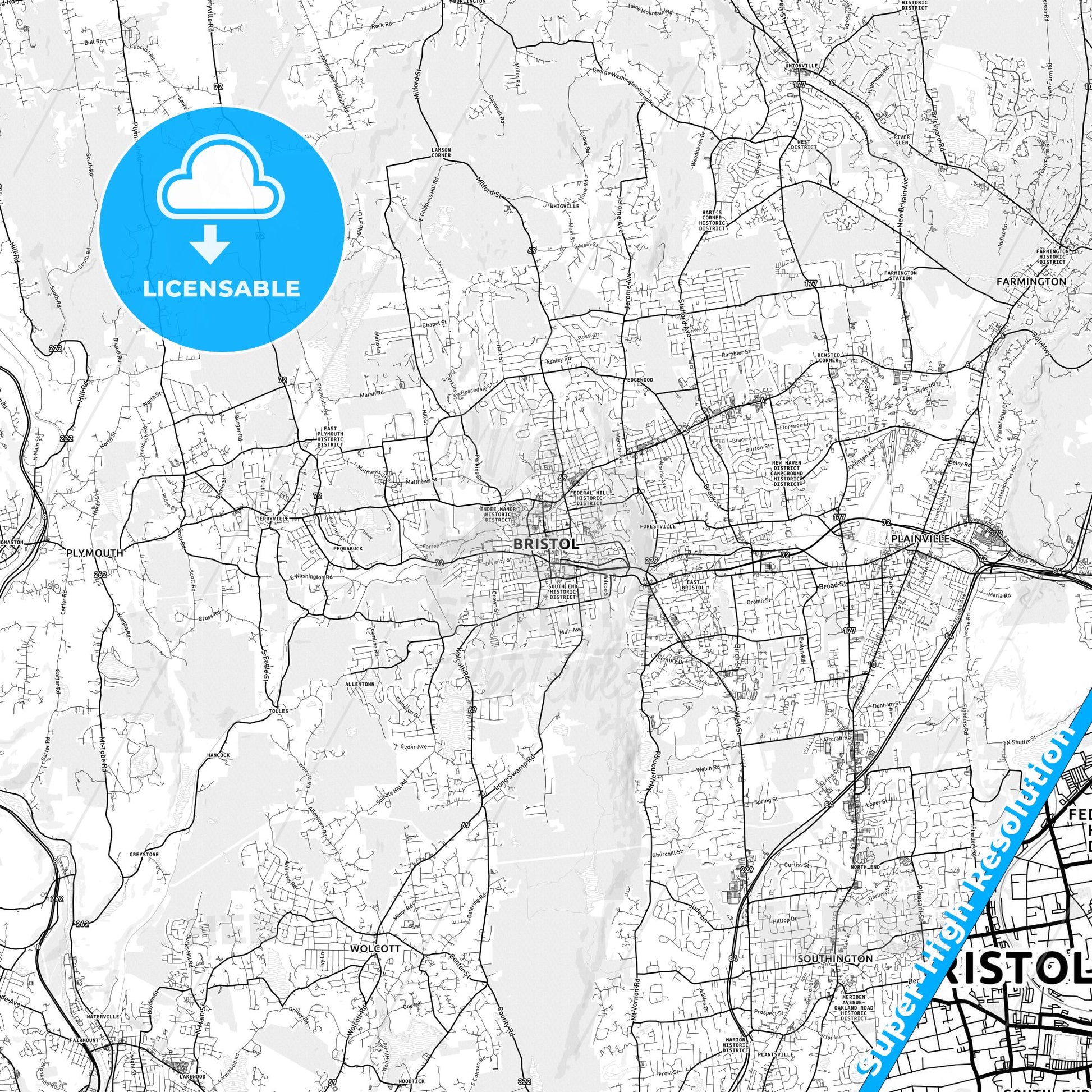 Bristol, Connecticut light map with streetnames, citynames and districts