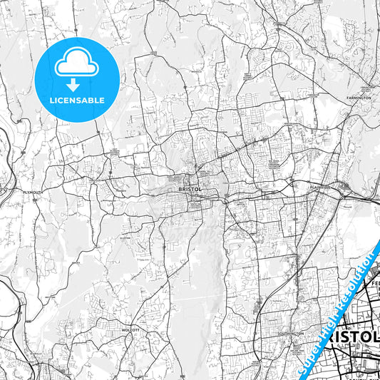 Bristol, Connecticut light map with streetnames, citynames and districts