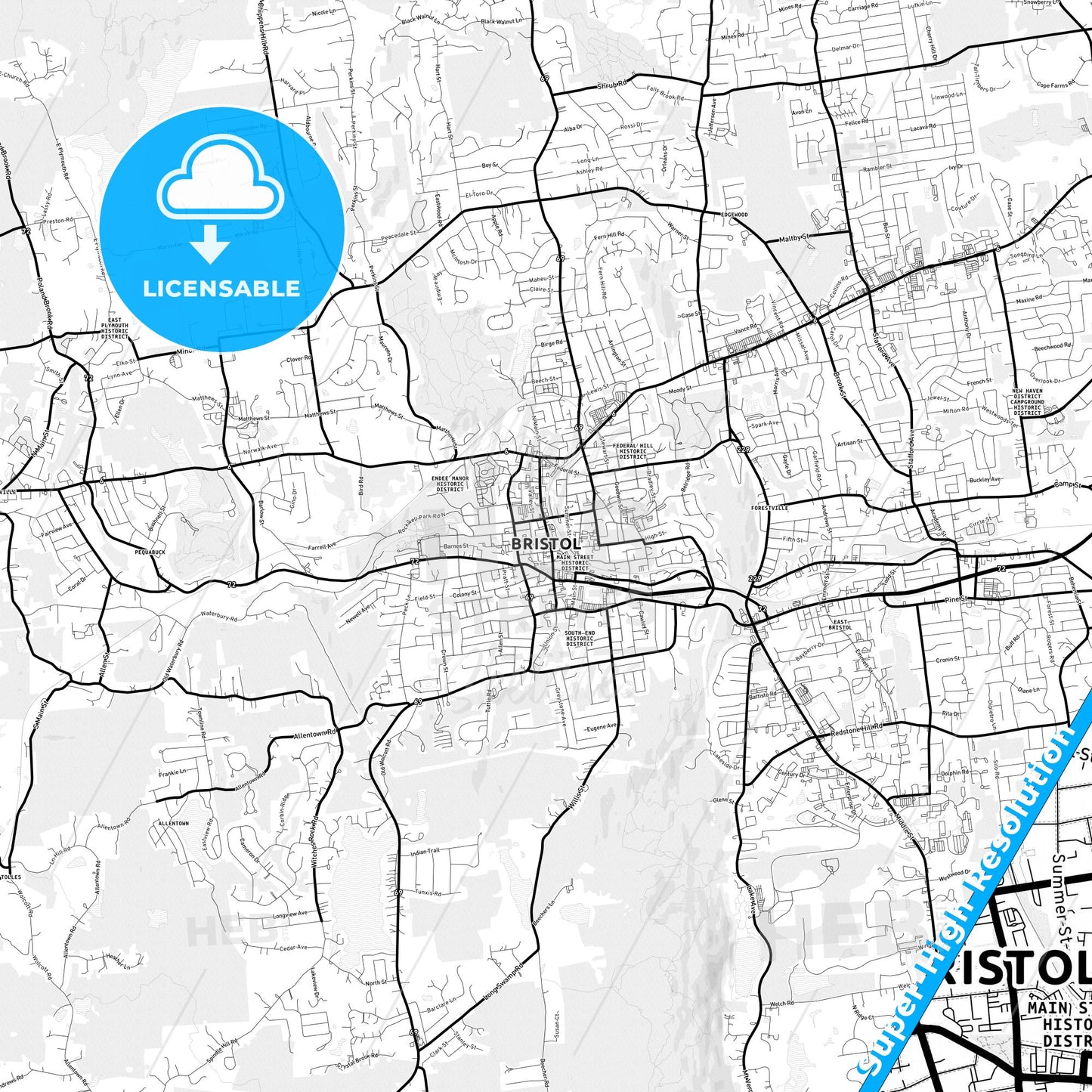 Bristol, Connecticut Light Map with Street Names, City Names, and Districts