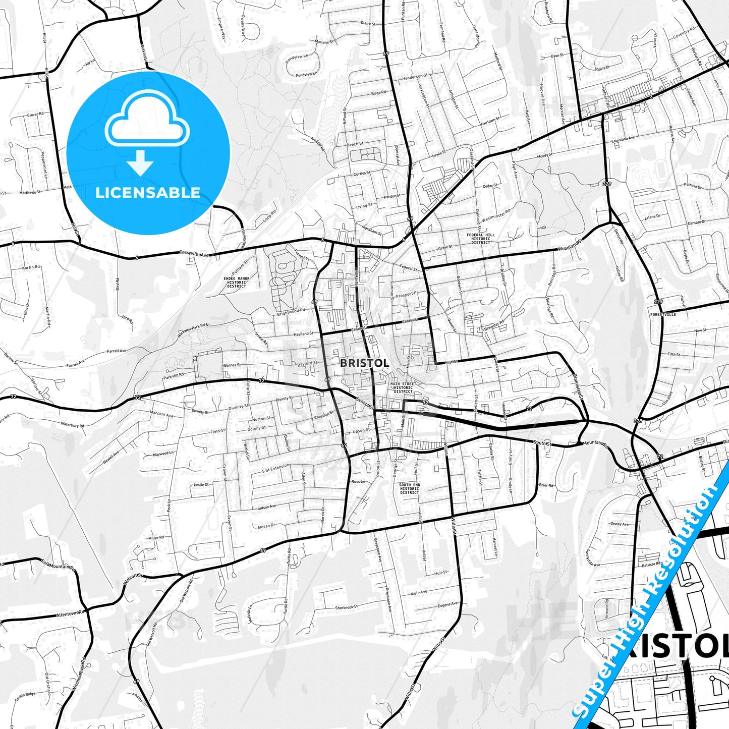 Bristol, Connecticut Light Map with Street Names, City Names, and Districts