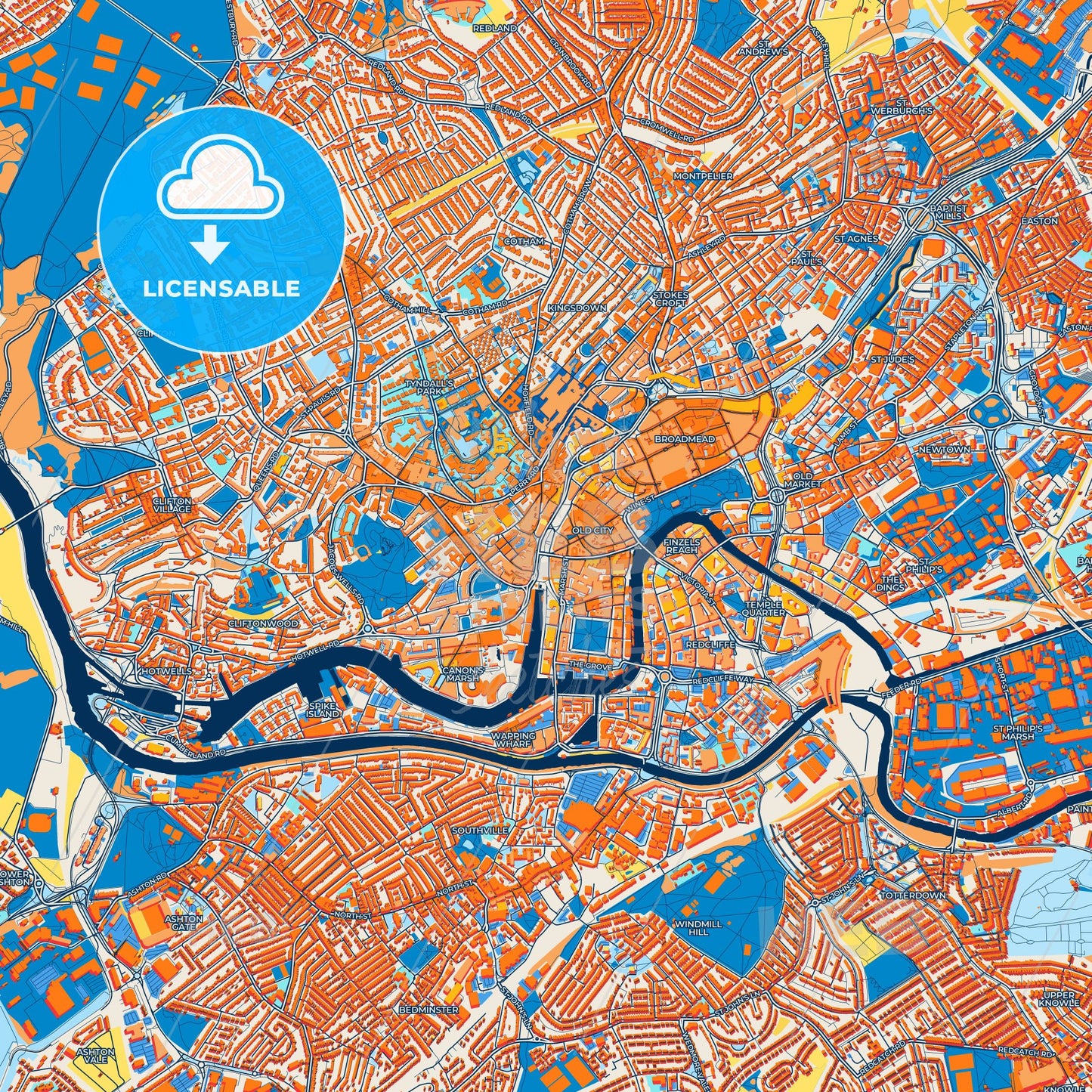 Colorful Bristol Street Map with Labels and Buildings