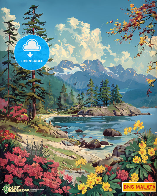 Serene British Columbia Lake Art: Vibrant Trees, Flowers