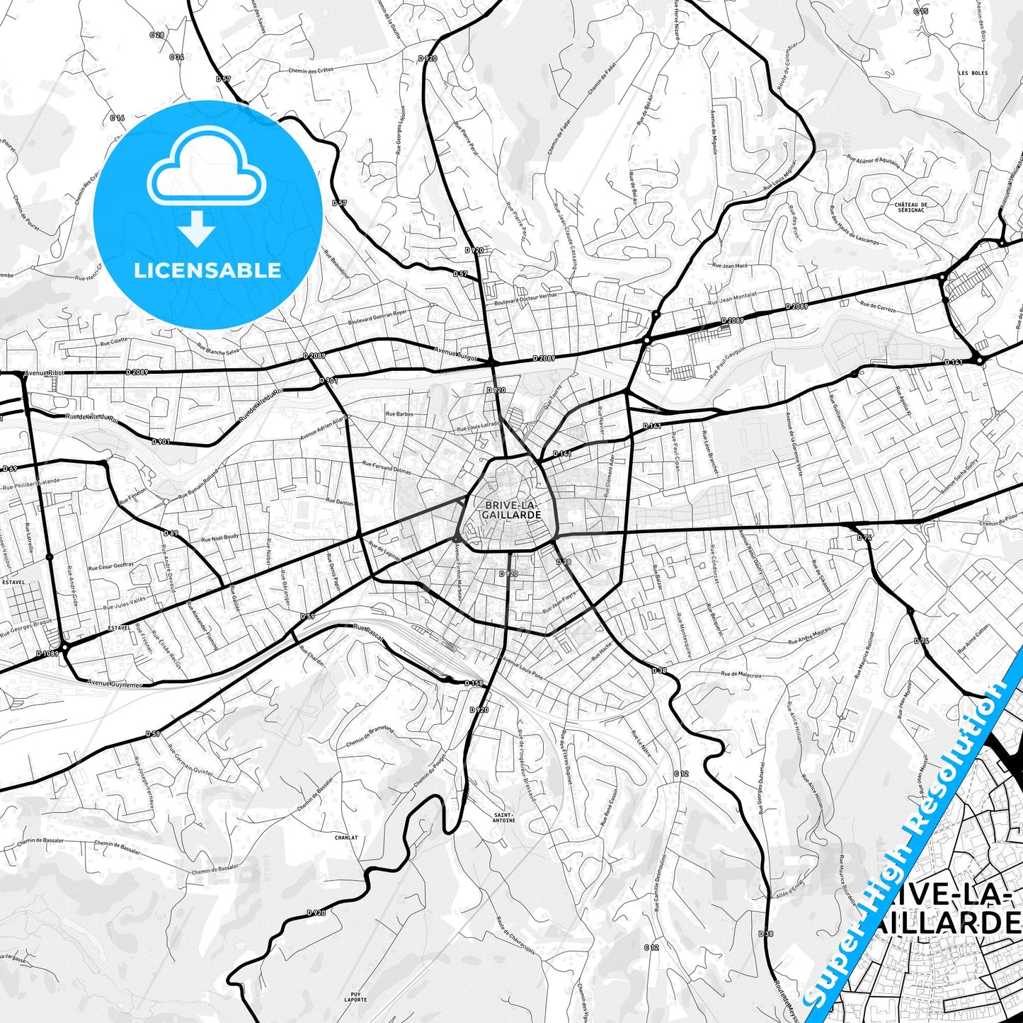 Brive-la-Gaillarde, France Light Map with Street Names, City Names, and Districts