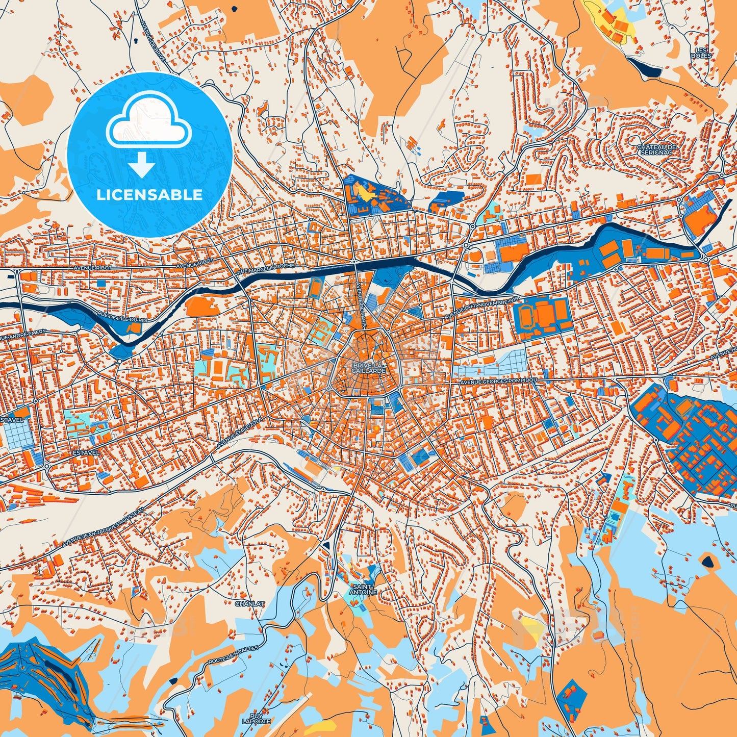 Colorful Brive-la-Gaillarde Street Map with Labels and Buildings