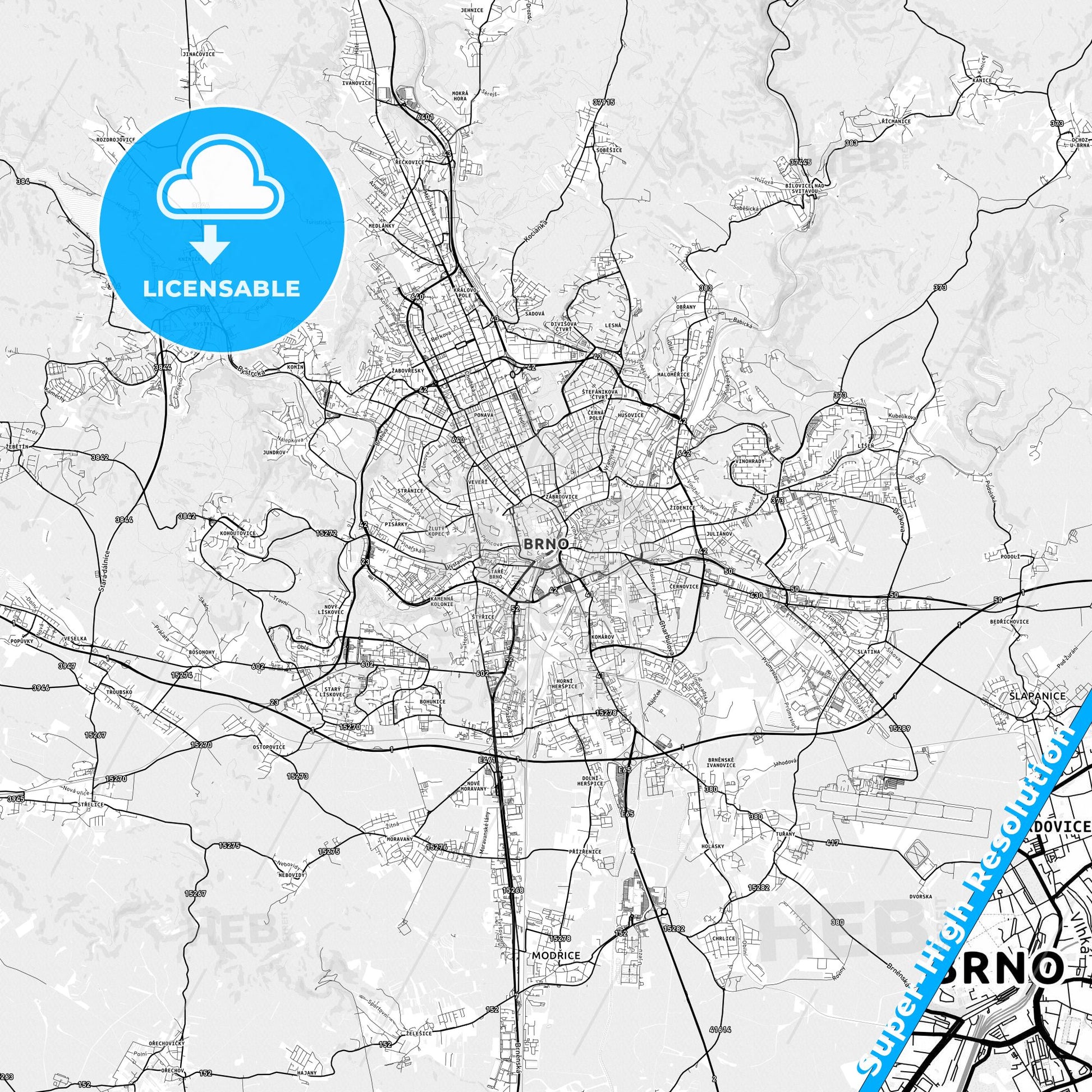 Brno, Czechia light map with streetnames, citynames and districts
