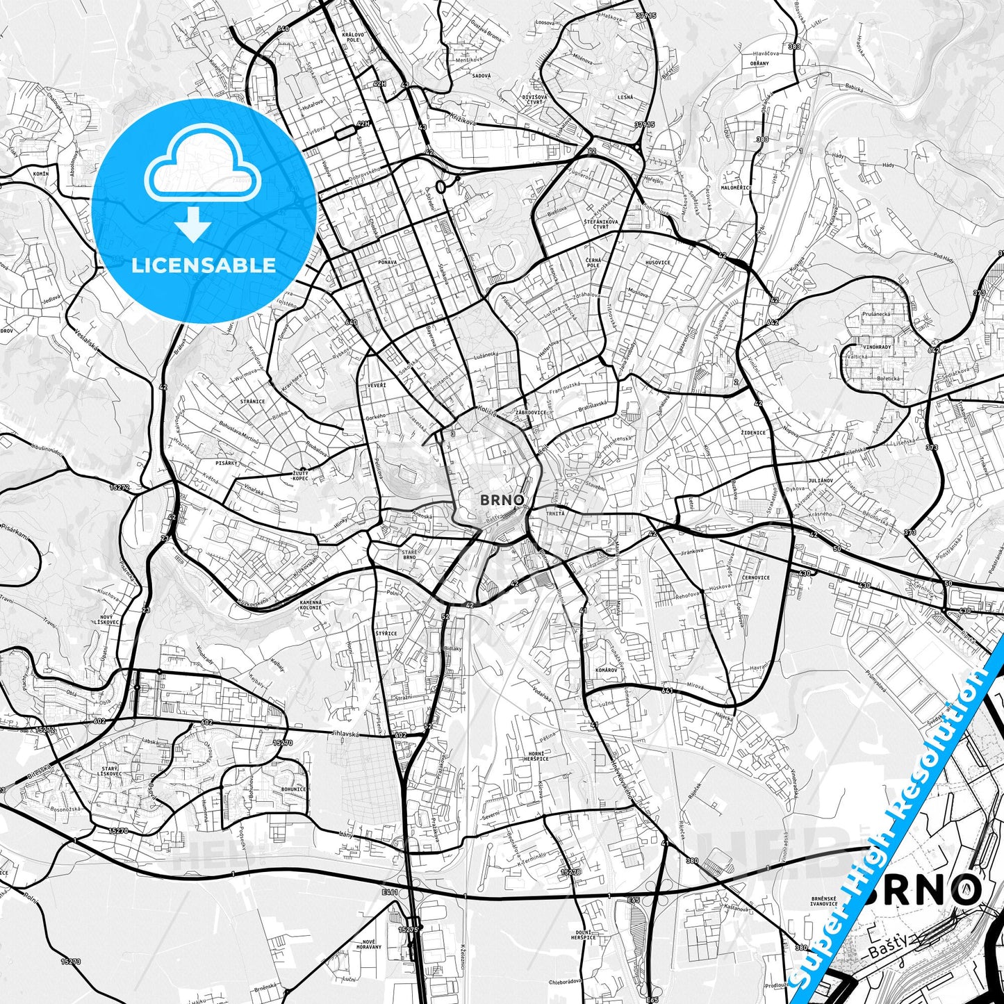 Brno, Czechia Light Map with Street Names, City Names, and Districts
