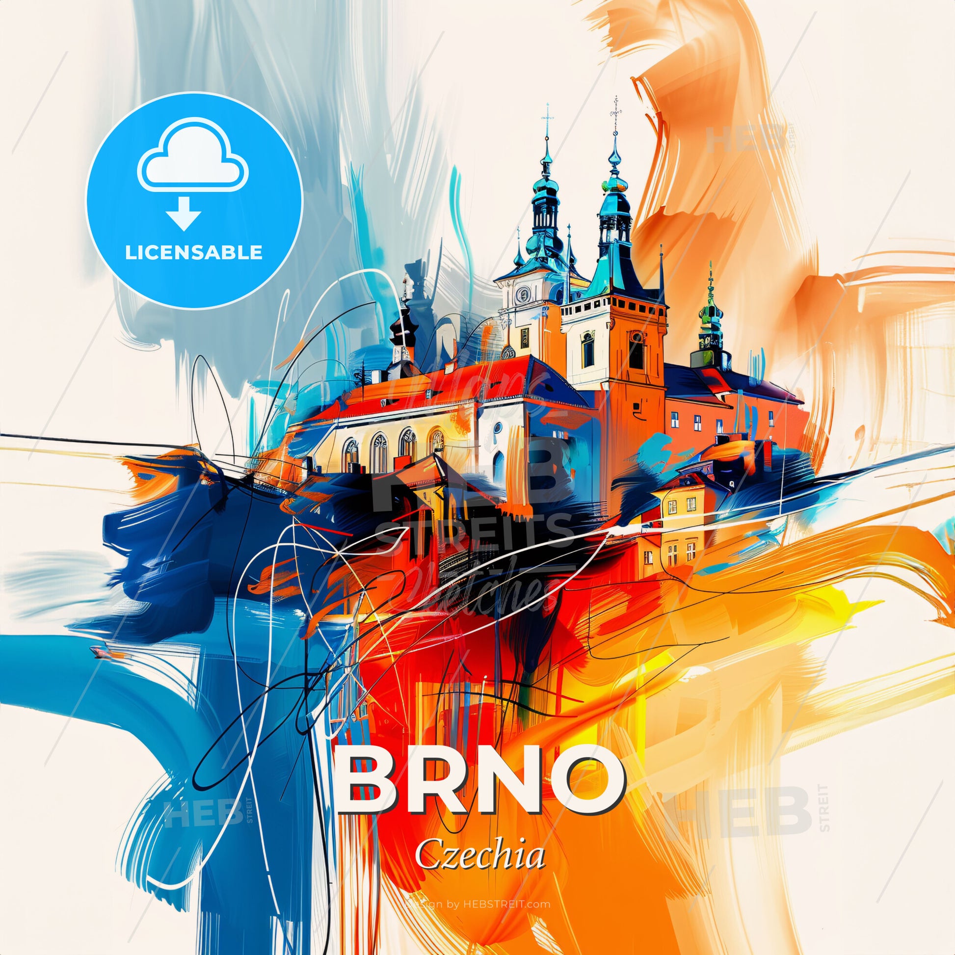 Vibrant Brno, Czechia - A Painting Of A Building With Towers And A Colorful Background - Square format print template