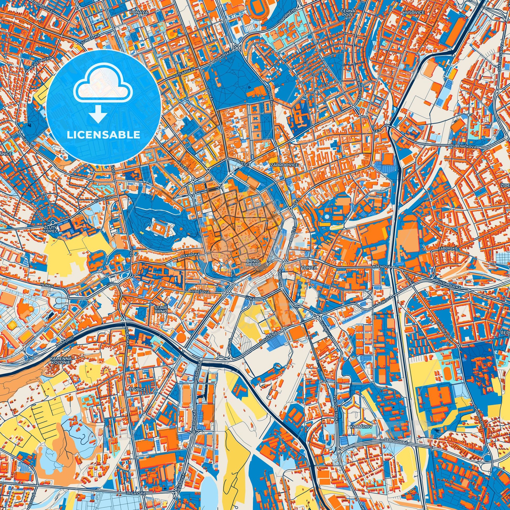 Colorful Brno Street Map with Labels and Buildings