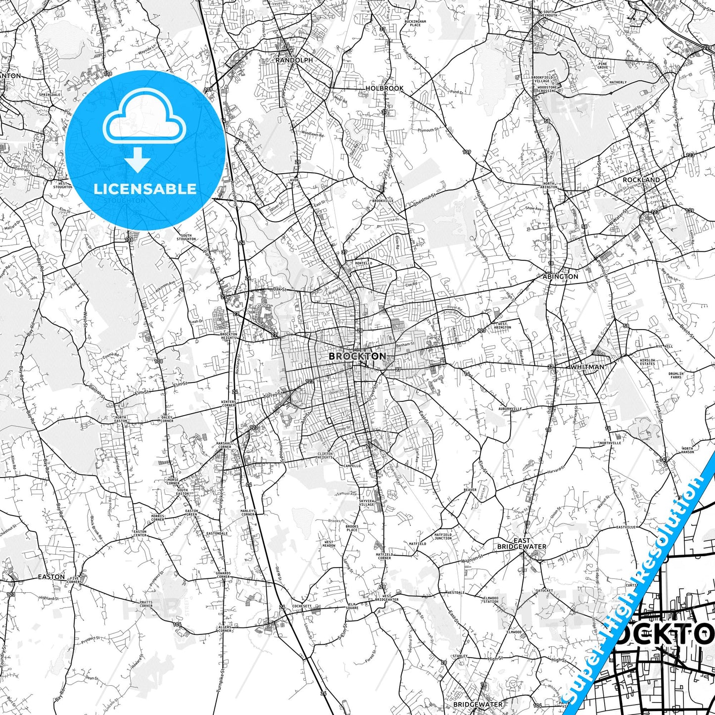 Brockton, Massachusetts light map with streetnames, citynames and districts