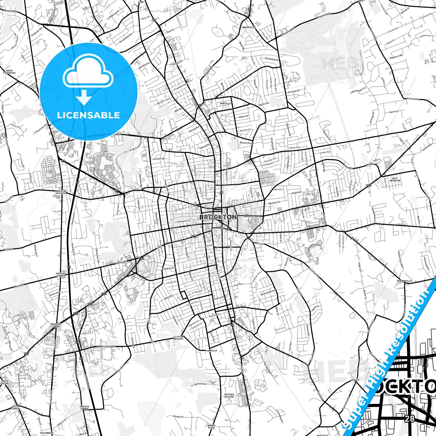 Brockton, Massachusetts Light Map with Street Names, City Names, and Districts