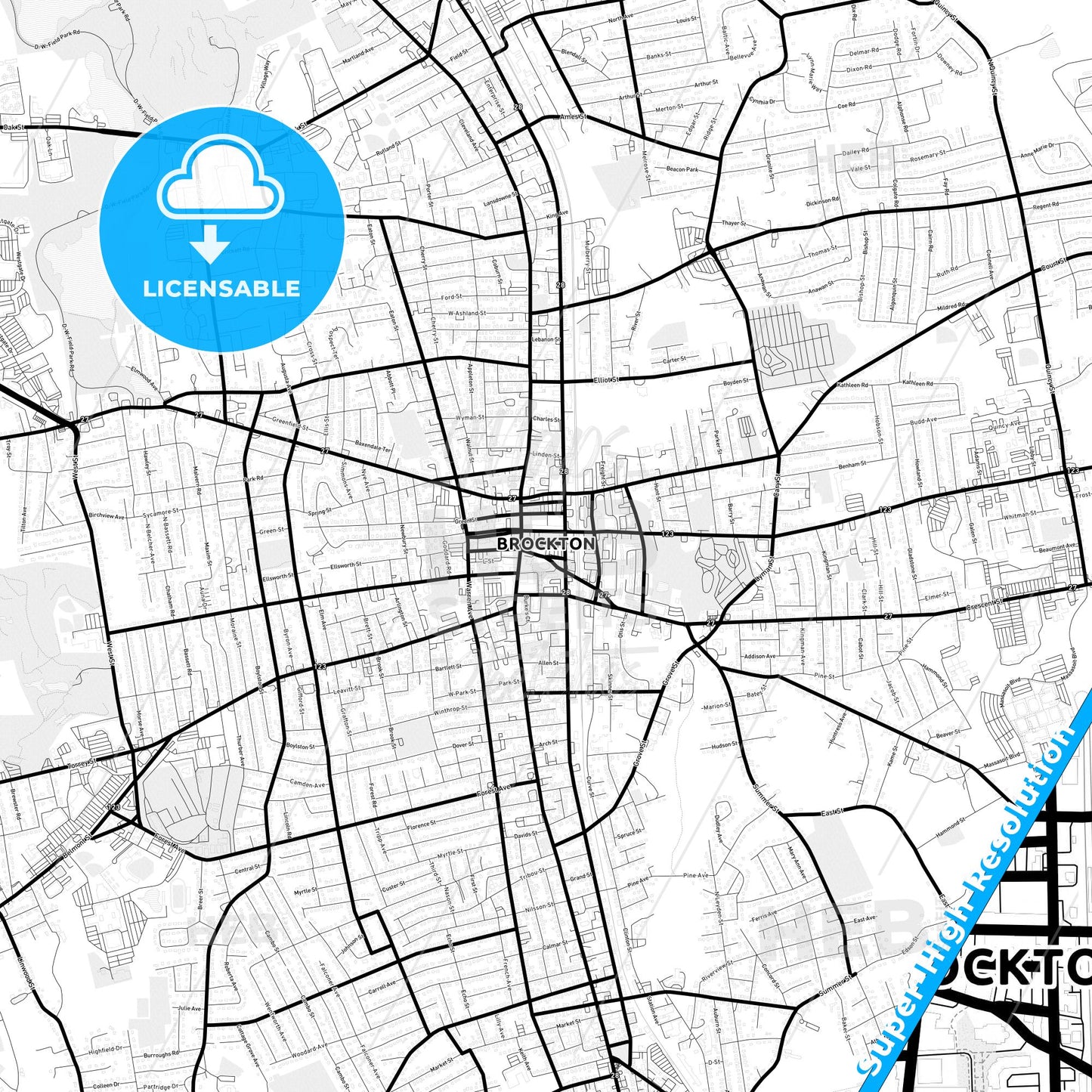 Brockton, Massachusetts Light Map with Street Names, City Names, and Districts