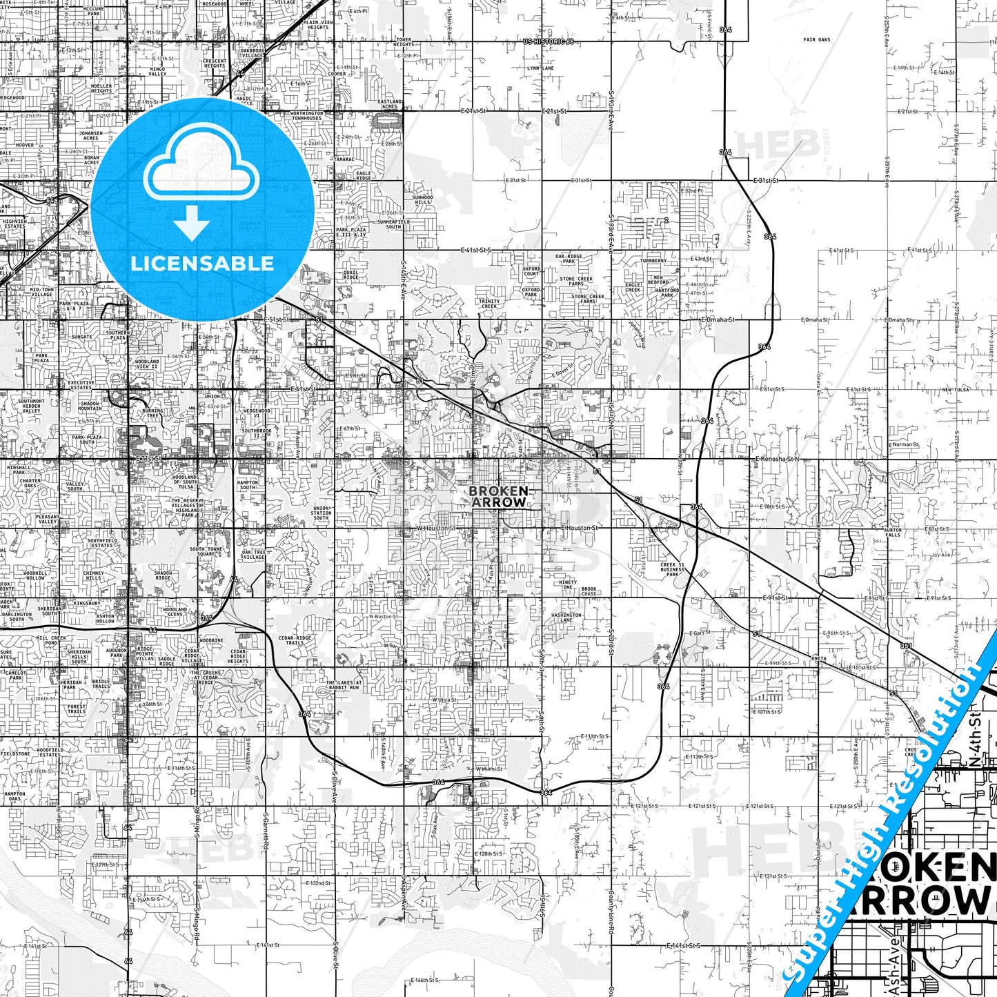 Broken Arrow, Oklahoma light map with streetnames, citynames and districts