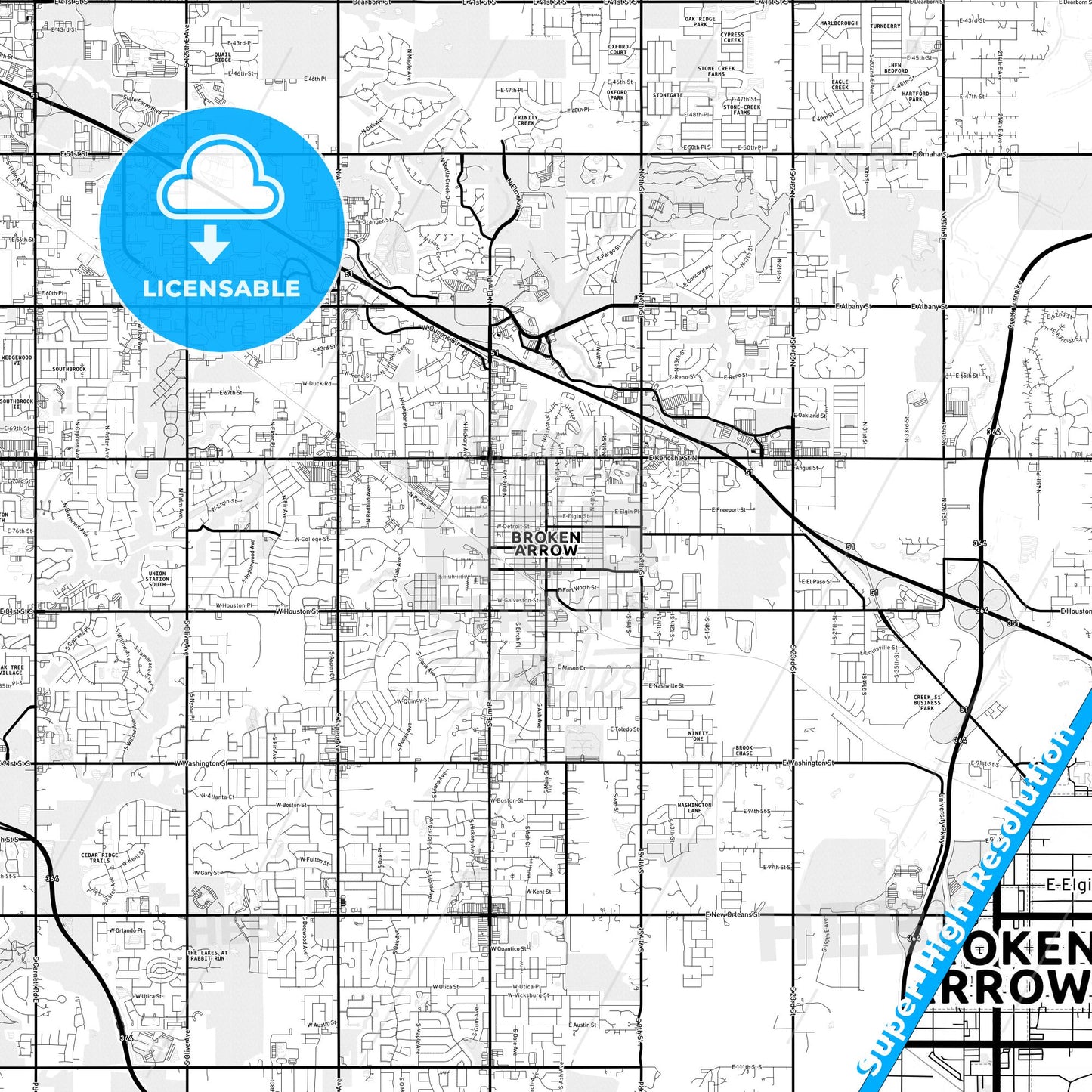 Broken Arrow, Oklahoma Light Map with Street Names, City Names, and Districts