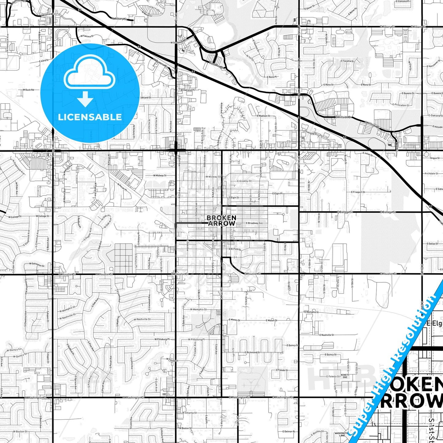 Broken Arrow, Oklahoma Light Map with Street Names, City Names, and Districts