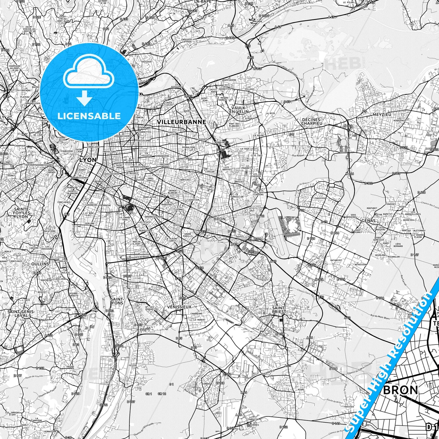 Bron, France light map with streetnames, citynames and districts