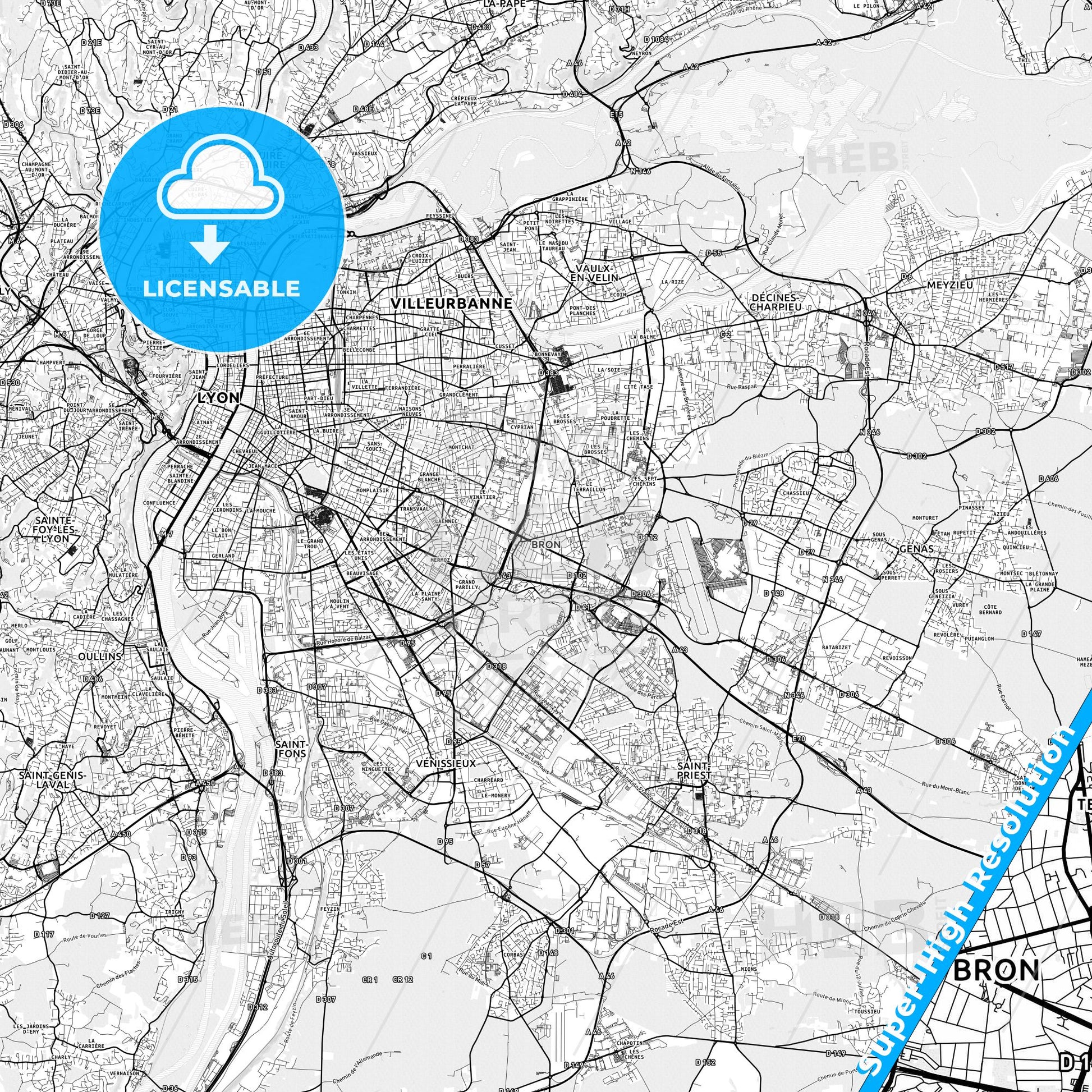 Bron, France light map with streetnames, citynames and districts