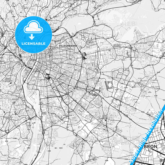 Bron, France light map with streetnames, citynames and districts